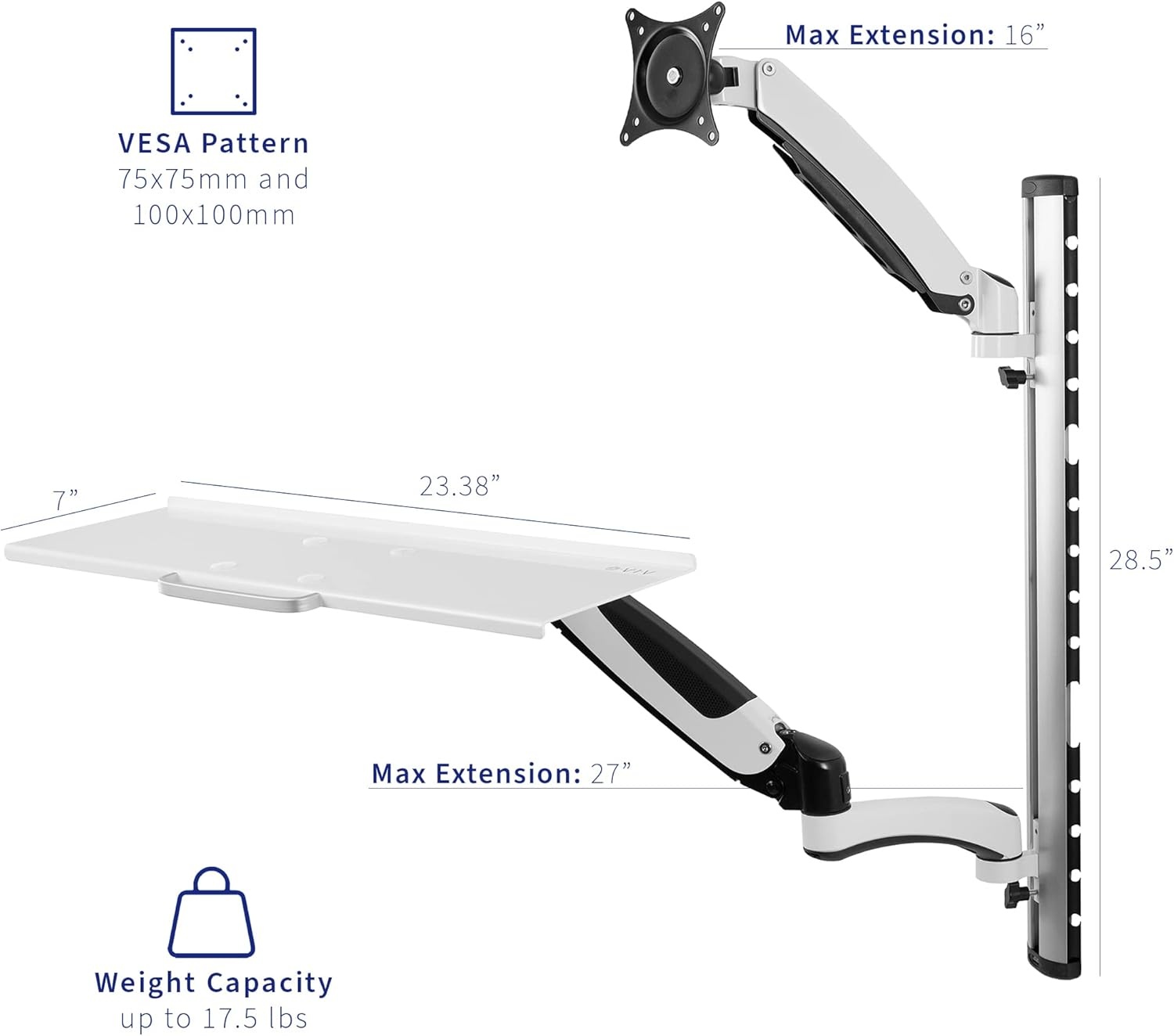 image:imageVIVO Black SitStand Wall Mount Counterbalance Height Adjustable Monitor and Keyboard Workstation for Screens up to 27 inches STANDSIT1KWhite