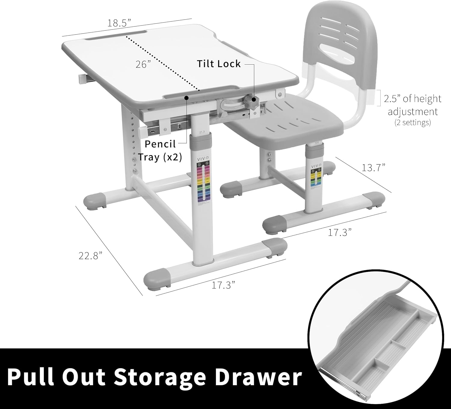 image:imageVIVO Pink Height Adjustable Childrens Desk and Chair Set Kids Interactive WorkstationGrey