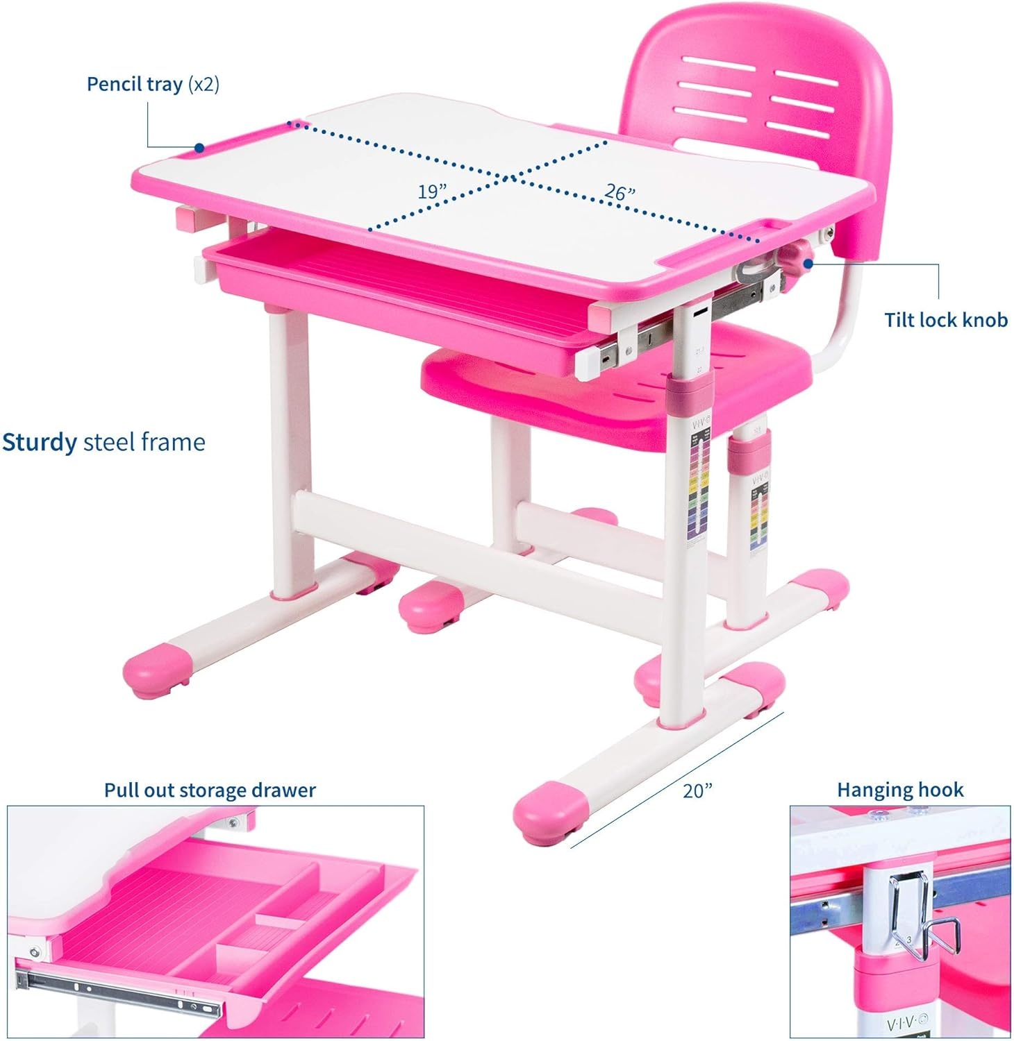 image:imageVIVO Pink Height Adjustable Childrens Desk and Chair Set Kids Interactive WorkstationPink