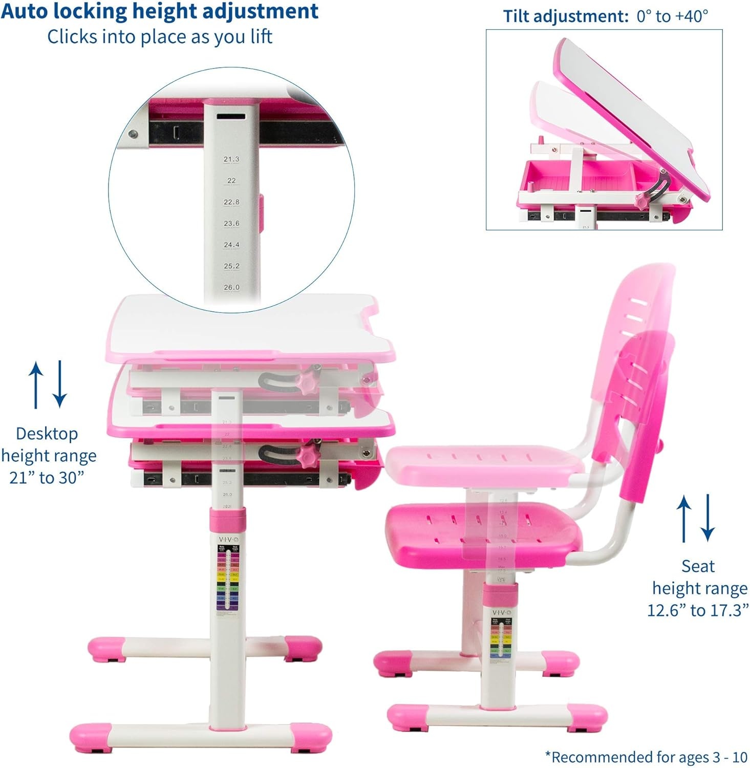 image:imageVIVO Pink Height Adjustable Childrens Desk and Chair Set Kids Interactive WorkstationPink