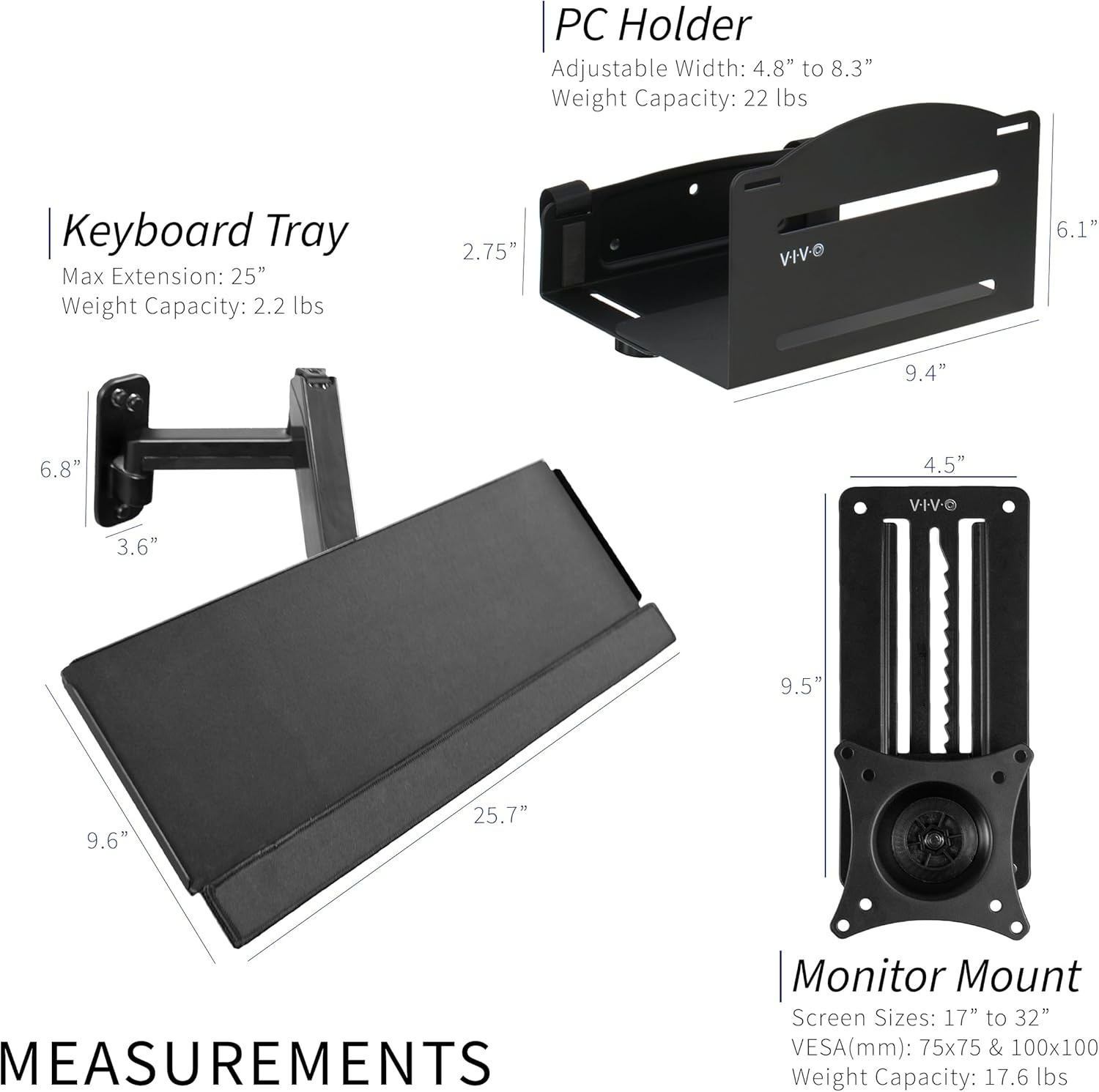 image:imageVIVO SitStand 17 to 32 inch Single Monitor Wall Mount with Pneumatic Arm Keyboard Tray Combo Height Adjustable Max VESA 100x100mm Black MountVWKB1Monitor Keyboard and PC Mount