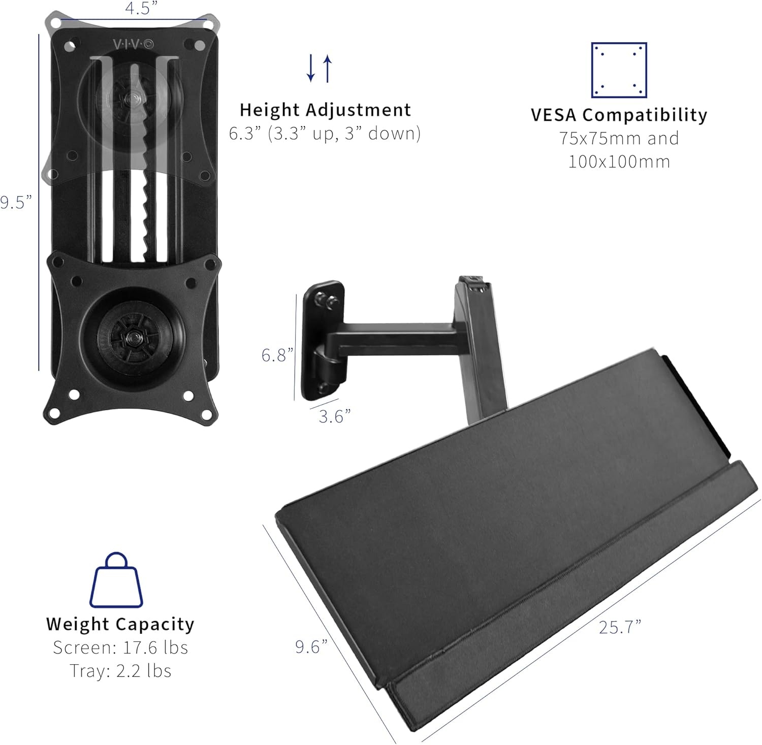 image:imageVIVO SitStand 17 to 32 inch Single Monitor Wall Mount with Pneumatic Arm Keyboard Tray Combo Height Adjustable Max VESA 100x100mm Black MountVWKB1Monitor and Keyboard Mount
