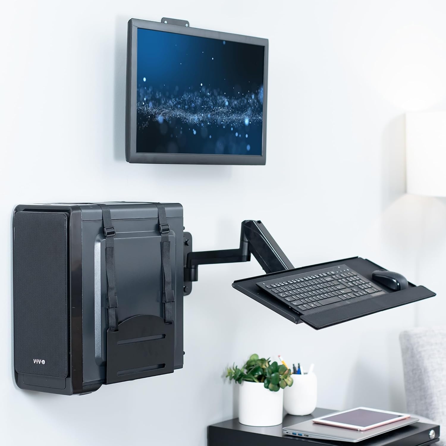 image:imageVIVO SitStand 17 to 32 inch Single Monitor Wall Mount with Pneumatic Arm Keyboard Tray Combo Height Adjustable Max VESA 100x100mm Black MountVWKB1Monitor Keyboard and PC Mount