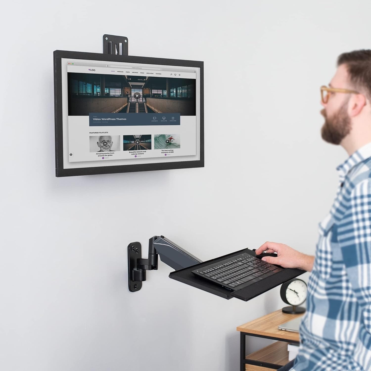 image:imageVIVO SitStand 17 to 32 inch Single Monitor Wall Mount with Pneumatic Arm Keyboard Tray Combo Height Adjustable Max VESA 100x100mm Black MountVWKB1Monitor and Keyboard Mount