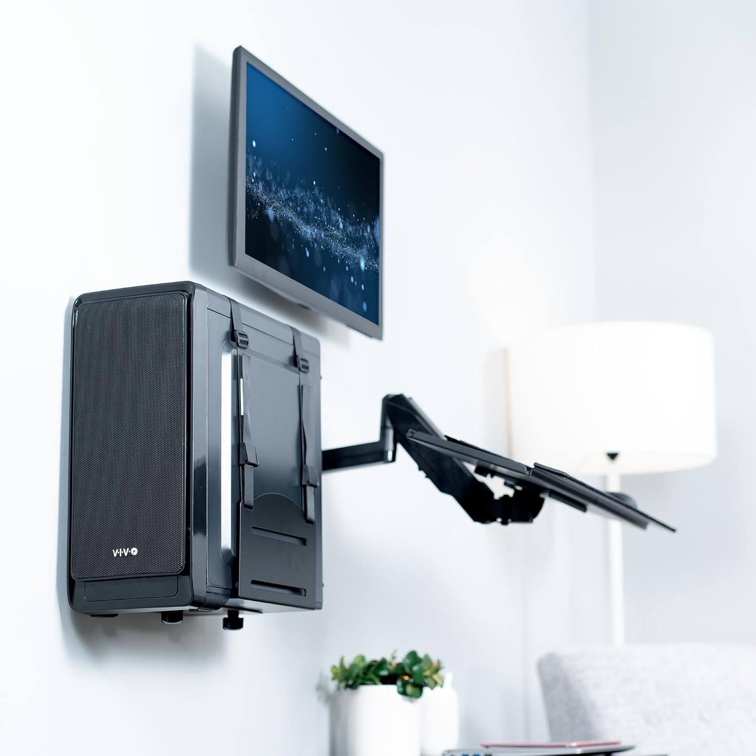 image:imageVIVO SitStand 17 to 32 inch Single Monitor Wall Mount with Pneumatic Arm Keyboard Tray Combo Height Adjustable Max VESA 100x100mm Black MountVWKB1Monitor Keyboard and PC Mount