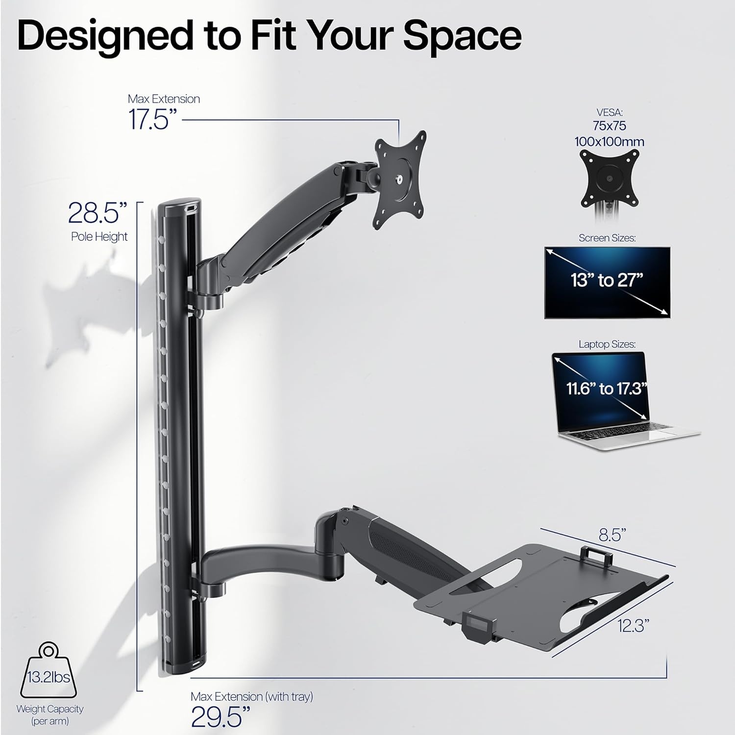 image:imageVIVO SitStand Wall Mount Counterbalance Height Adjustable Monitor and Laptop Workstation for Screens up to 27 inches STANDSIT1L