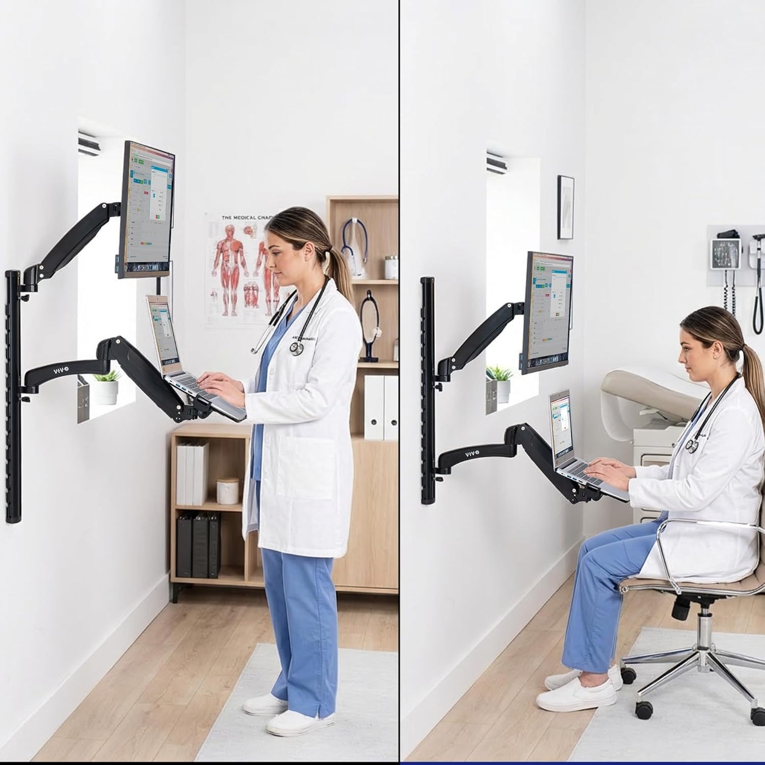 image:imageVIVO SitStand Wall Mount Counterbalance Height Adjustable Monitor and Laptop Workstation for Screens up to 27 inches STANDSIT1L