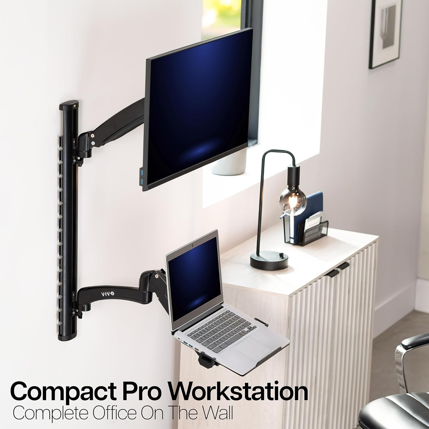image:imageVIVO SitStand Wall Mount Counterbalance Height Adjustable Monitor and Laptop Workstation for Screens up to 27 inches STANDSIT1L