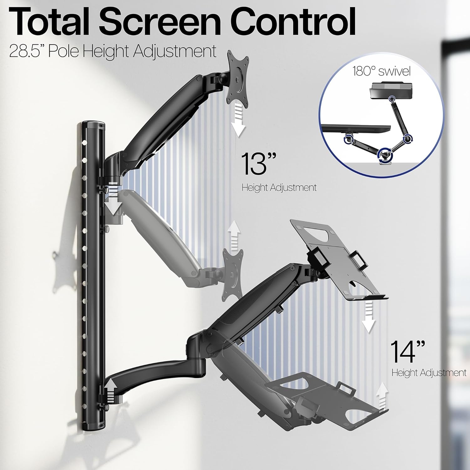 image:imageVIVO SitStand Wall Mount Counterbalance Height Adjustable Monitor and Laptop Workstation for Screens up to 27 inches STANDSIT1L