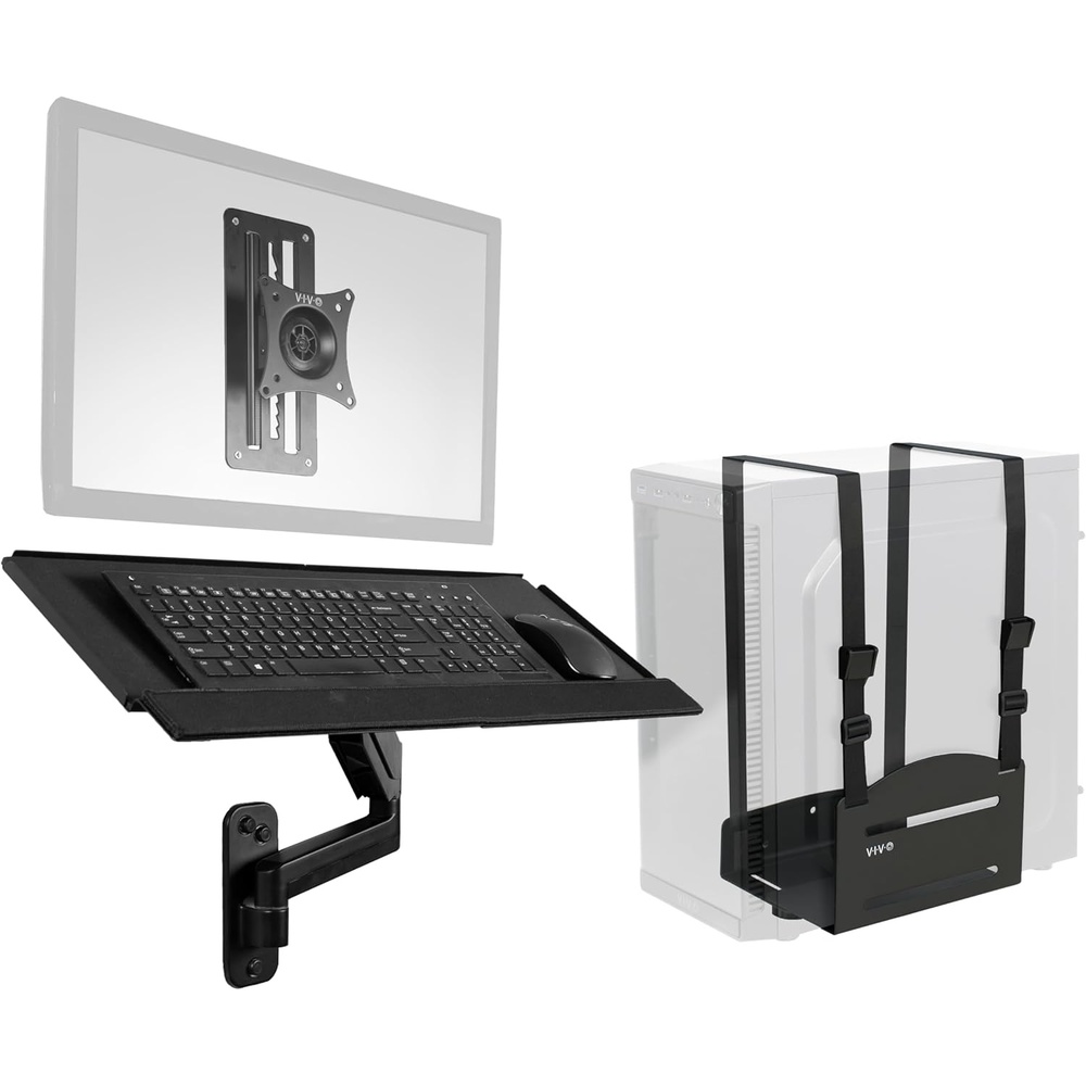 image:imageVIVO SitStand 17 to 32 inch Single Monitor Wall Mount with Pneumatic Arm Keyboard Tray Combo Height Adjustable Max VESA 100x100mm Black MountVWKB1Monitor Keyboard and PC Mount