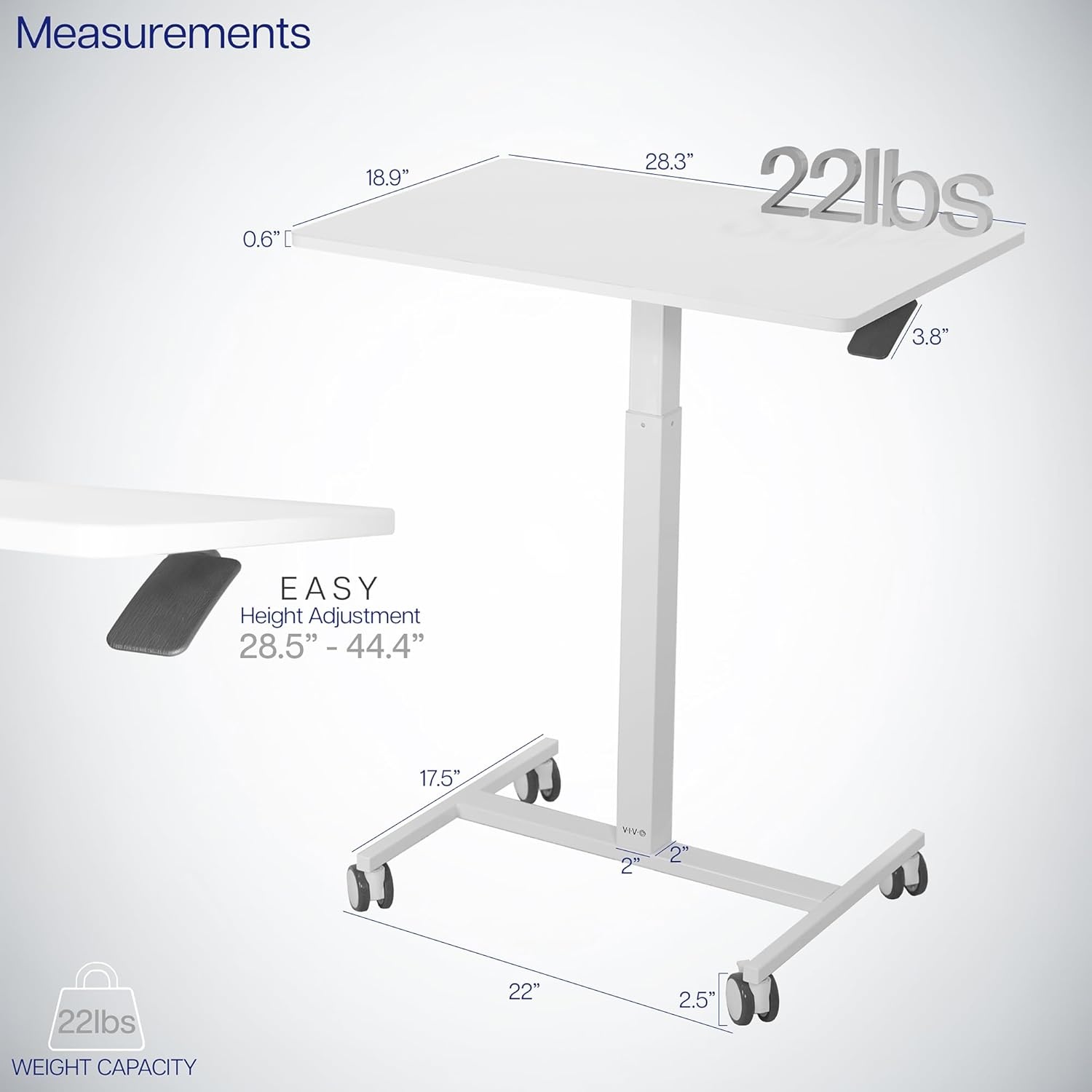 image:imageVIVO Mobile 28 inch Standing Laptop Cart Height Adjustable Small Rolling Desk Workstation Locking Wheels White CARTV00LW