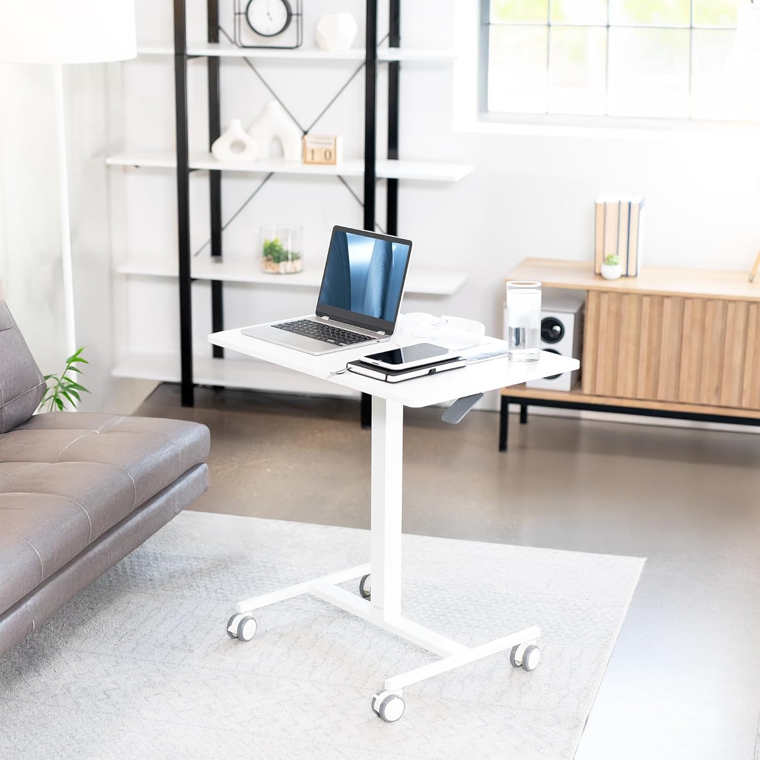 image:imageVIVO Mobile 28 inch Standing Laptop Cart Height Adjustable Small Rolling Desk Workstation Locking Wheels White CARTV00LW