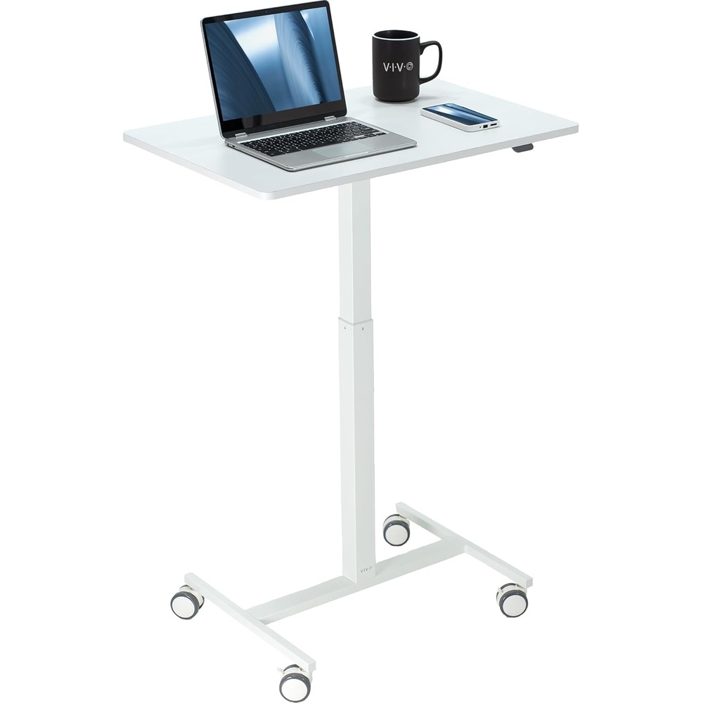image:imageVIVO Mobile 28 inch Standing Laptop Cart Height Adjustable Small Rolling Desk Workstation Locking Wheels White CARTV00LW