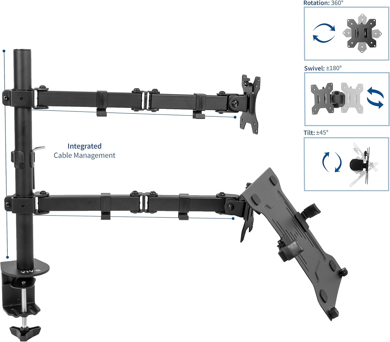 image:imageVIVO Full Motion Monitor and Laptop Desk Mount Articulating Double Center Arm Joint VESA Stand Fits up to 32 inch Screen STANDV102C