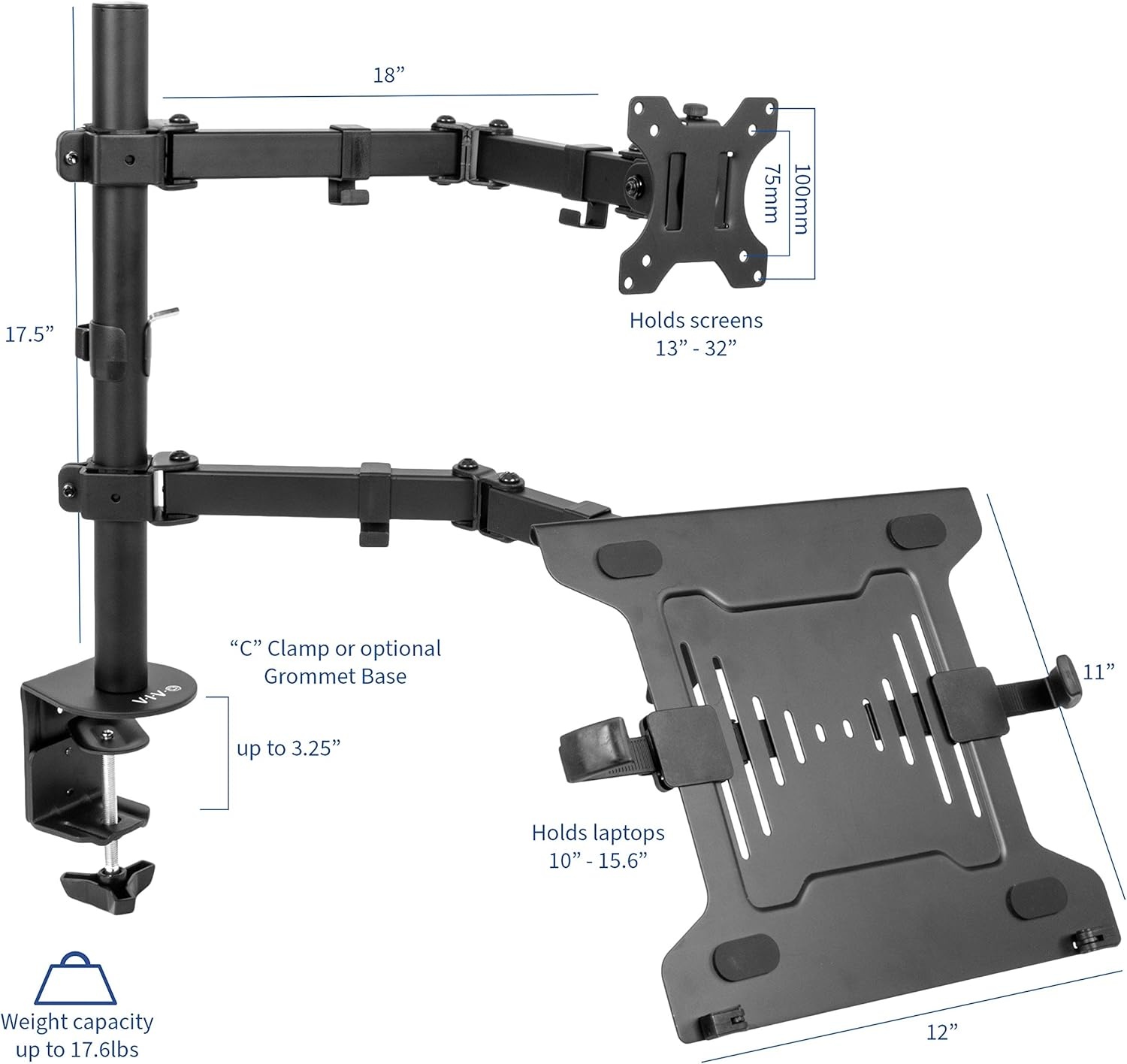 image:imageVIVO Full Motion Monitor and Laptop Desk Mount Articulating Double Center Arm Joint VESA Stand Fits up to 32 inch Screen STANDV102C