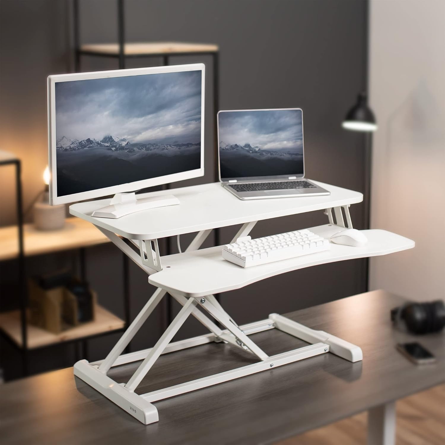 image:imageVIVO 42 inch Desk Converter K Series Height Adjustable Sit to Stand Riser Dual Monitor and Laptop Workstation with Wide Keyboard Tray Black DESKV042KBWhite