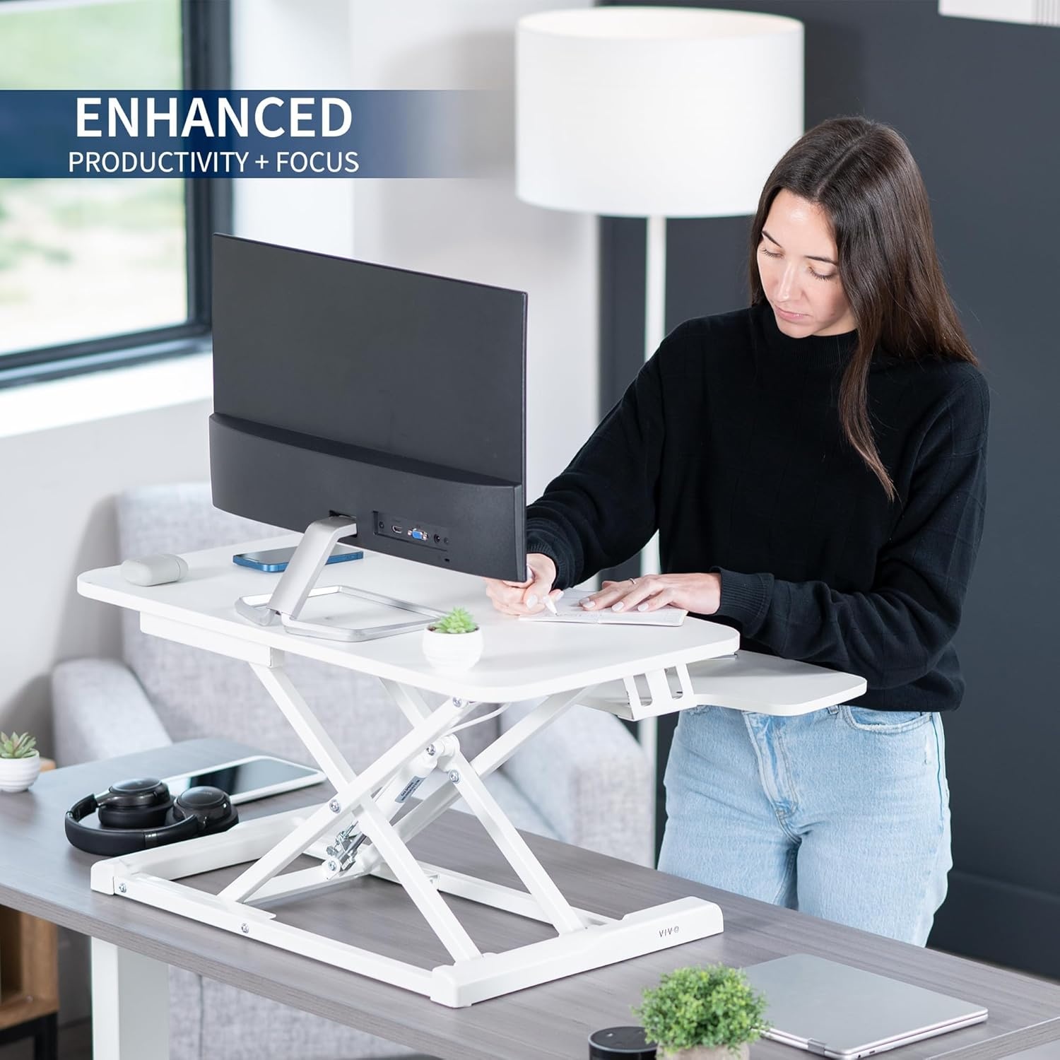 image:imageVIVO 42 inch Desk Converter K Series Height Adjustable Sit to Stand Riser Dual Monitor and Laptop Workstation with Wide Keyboard Tray Black DESKV042KBWhite