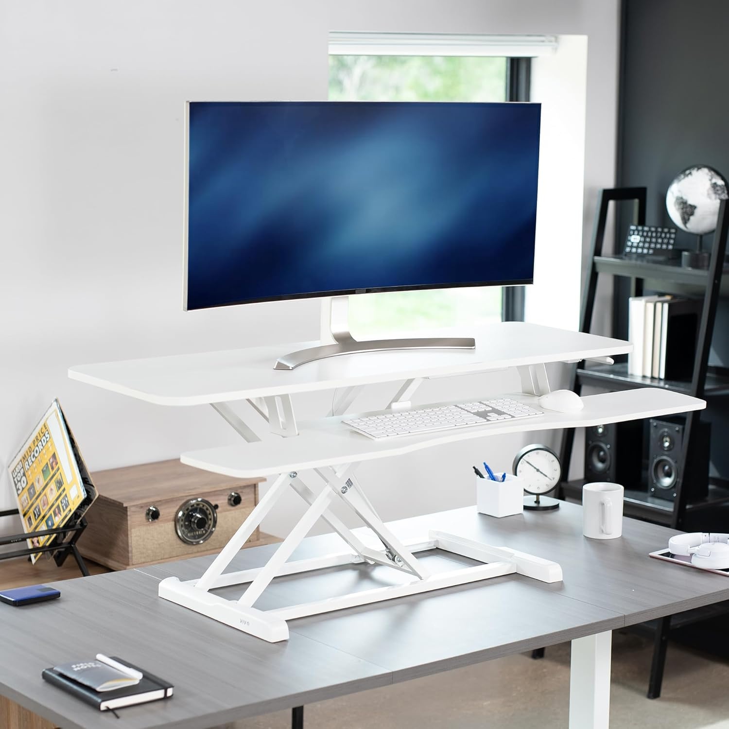 image:imageVIVO 42 inch Desk Converter K Series Height Adjustable Sit to Stand Riser Dual Monitor and Laptop Workstation with Wide Keyboard Tray Black DESKV042KBWhite
