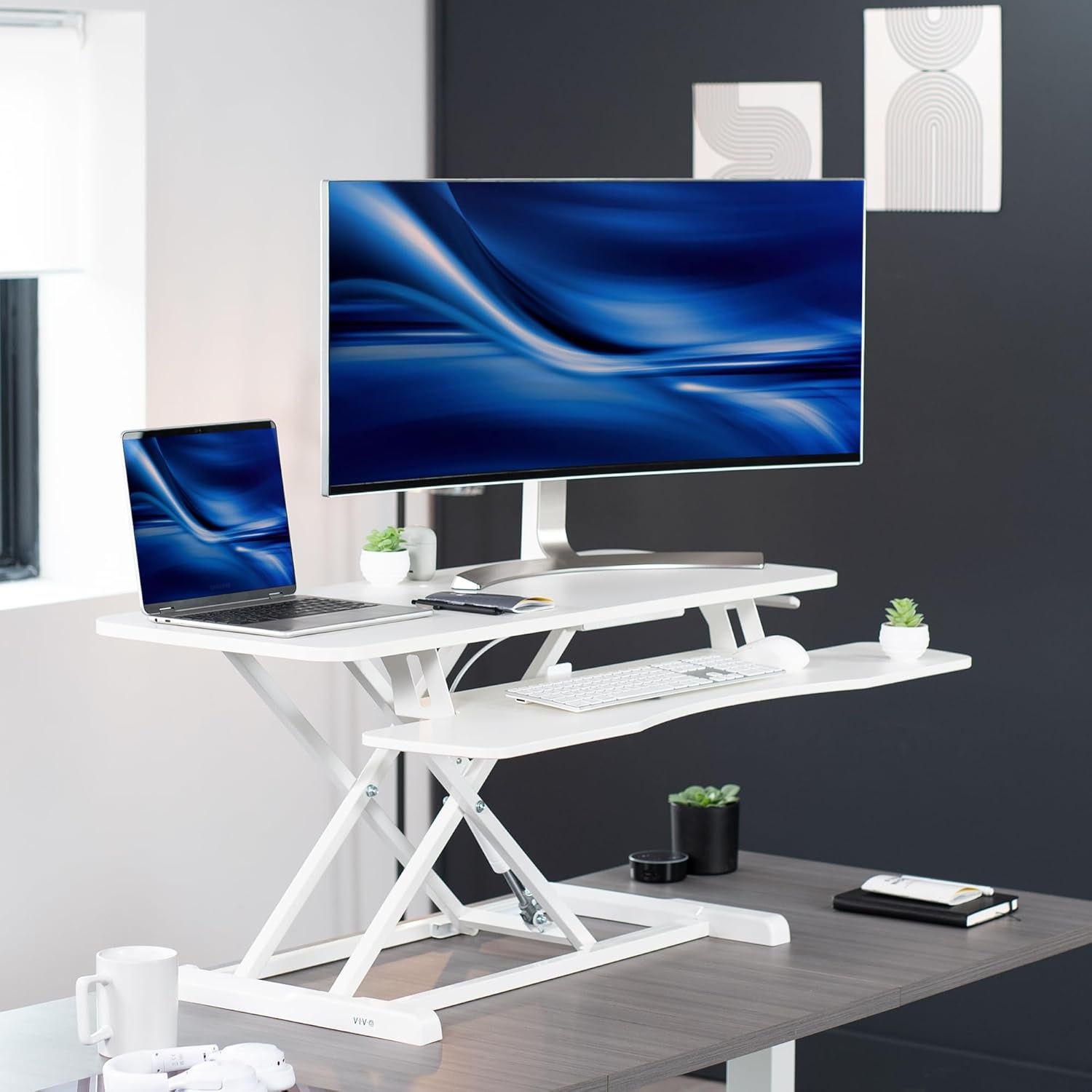 image:imageVIVO 42 inch Desk Converter K Series Height Adjustable Sit to Stand Riser Dual Monitor and Laptop Workstation with Wide Keyboard Tray Black DESKV042KBWhite