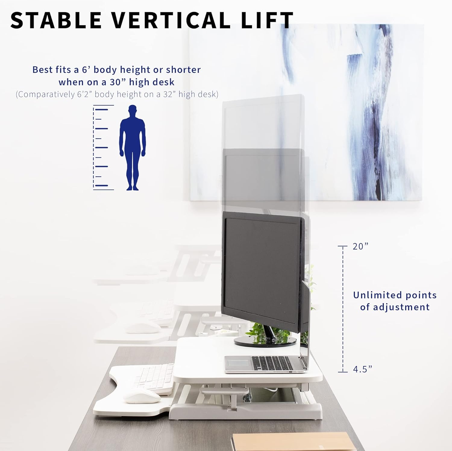image:imageVIVO 42 inch Desk Converter K Series Height Adjustable Sit to Stand Riser Dual Monitor and Laptop Workstation with Wide Keyboard Tray Black DESKV042KBWhite