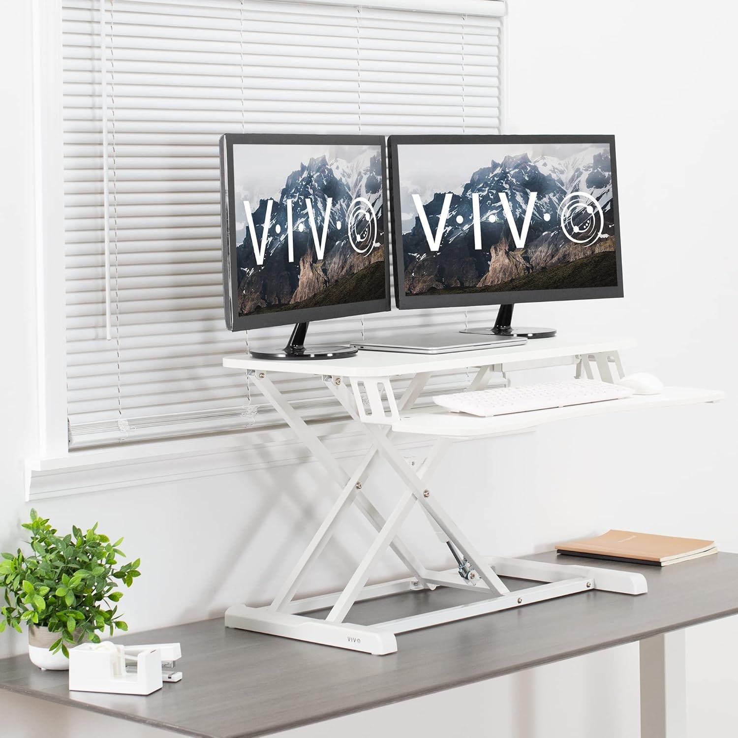 image:imageVIVO 42 inch Desk Converter K Series Height Adjustable Sit to Stand Riser Dual Monitor and Laptop Workstation with Wide Keyboard Tray Black DESKV042KBWhite