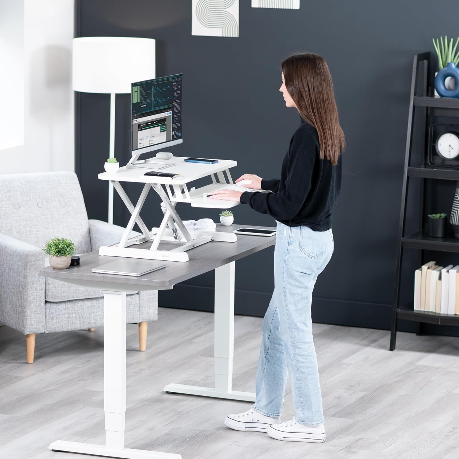 image:imageVIVO 42 inch Desk Converter K Series Height Adjustable Sit to Stand Riser Dual Monitor and Laptop Workstation with Wide Keyboard Tray Black DESKV042KBWhite