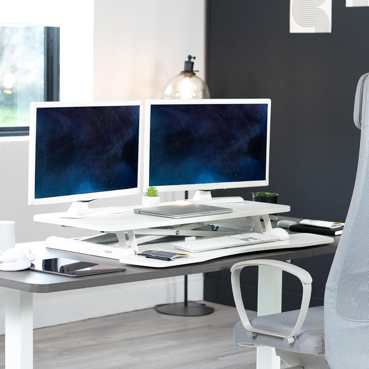 image:imageVIVO 42 inch Desk Converter K Series Height Adjustable Sit to Stand Riser Dual Monitor and Laptop Workstation with Wide Keyboard Tray Black DESKV042KBWhite