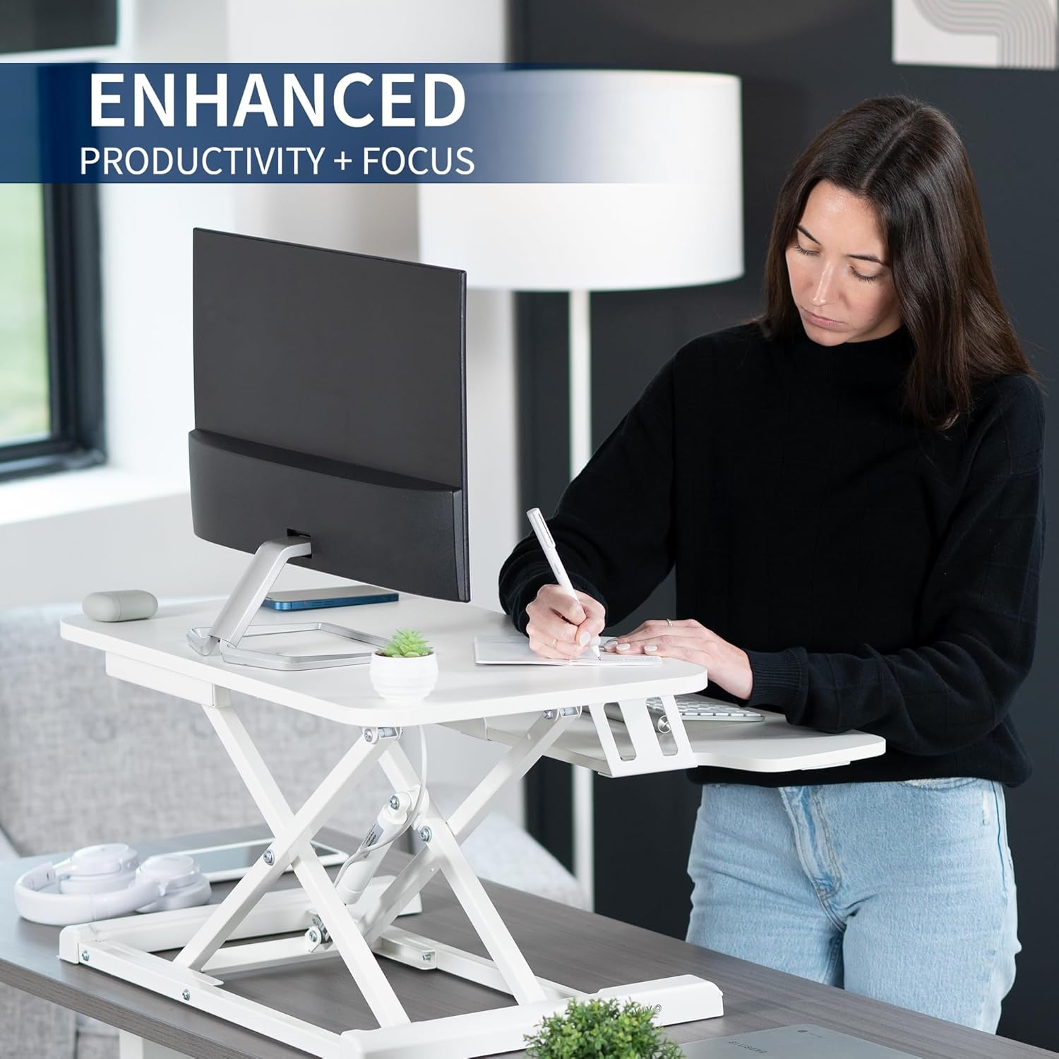 image:imageVIVO 42 inch Desk Converter K Series Height Adjustable Sit to Stand Riser Dual Monitor and Laptop Workstation with Wide Keyboard Tray Black DESKV042KBWhite
