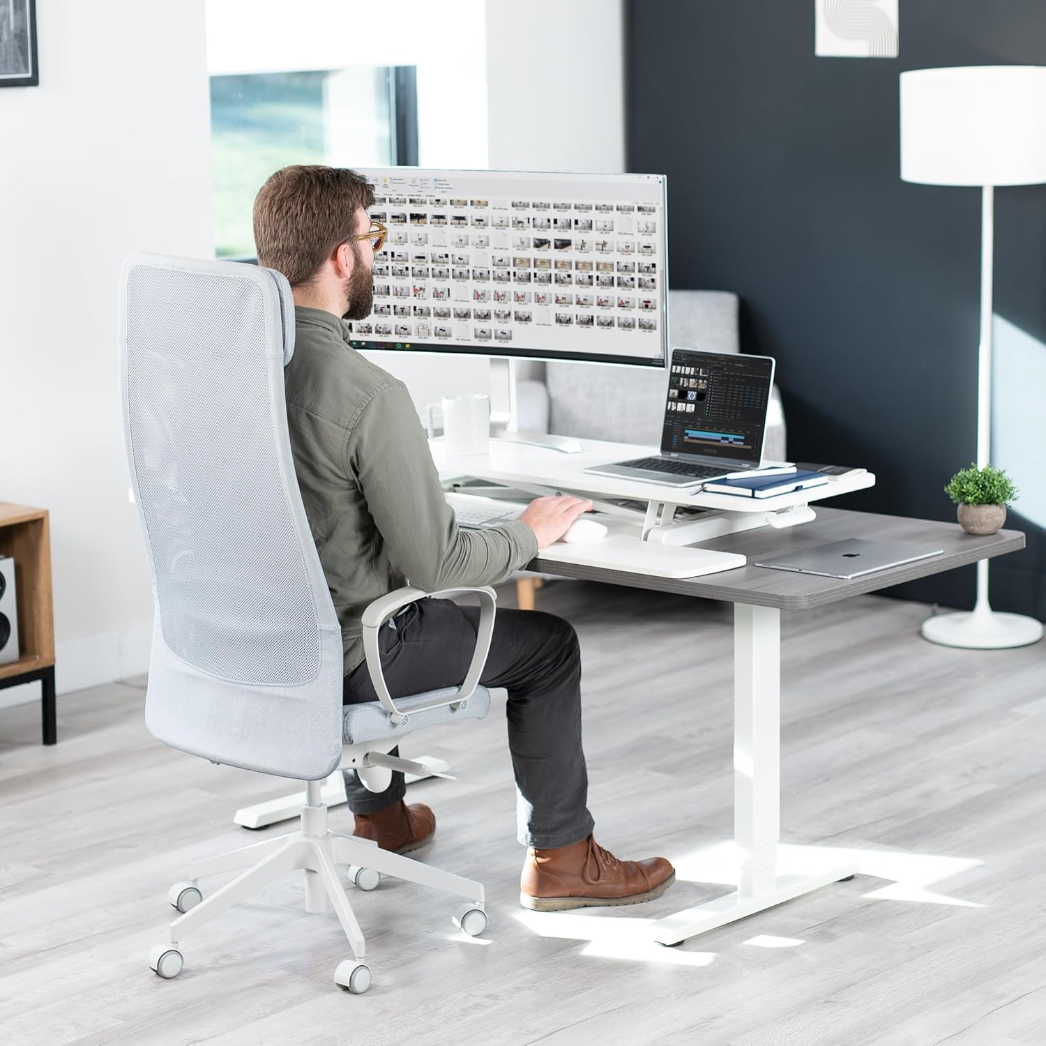 image:imageVIVO 42 inch Desk Converter K Series Height Adjustable Sit to Stand Riser Dual Monitor and Laptop Workstation with Wide Keyboard Tray Black DESKV042KBWhite