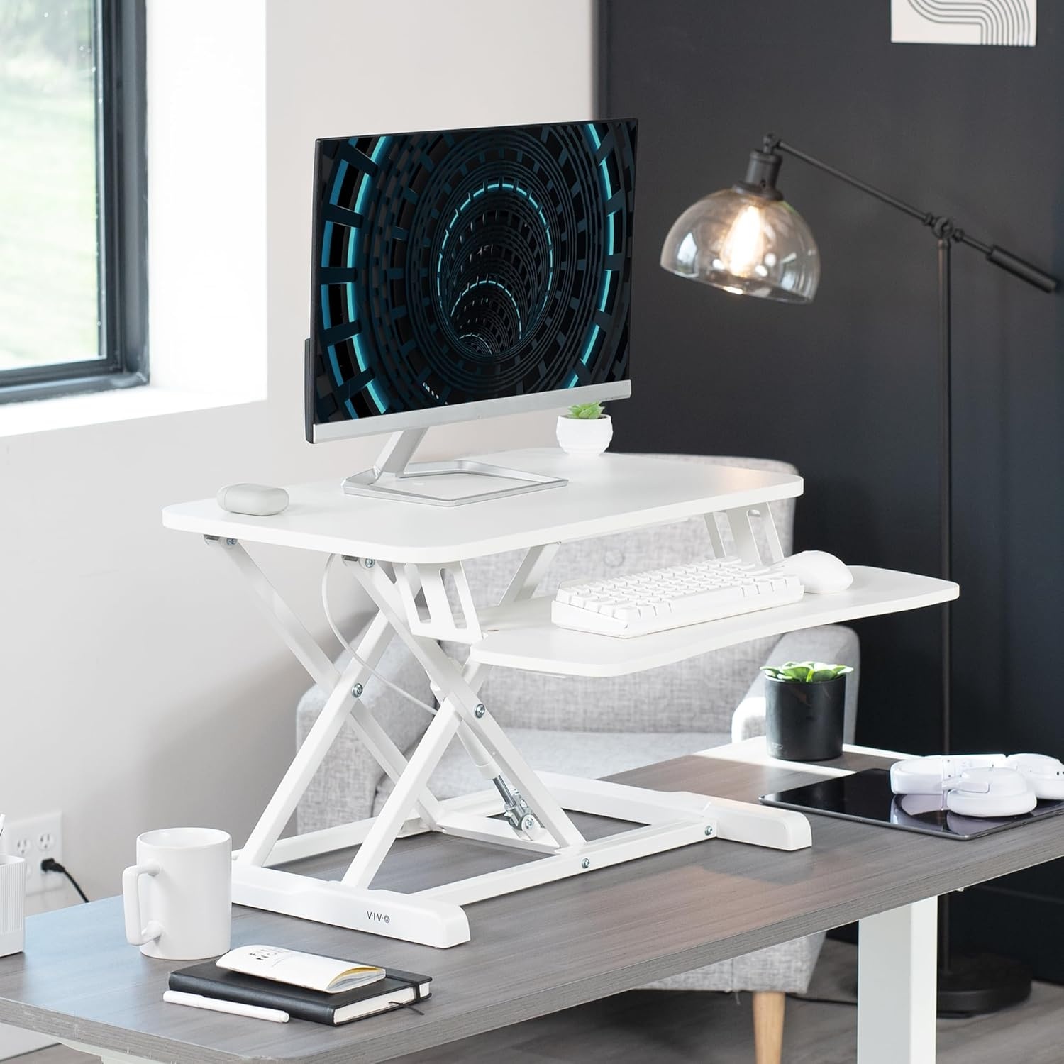 image:imageVIVO 42 inch Desk Converter K Series Height Adjustable Sit to Stand Riser Dual Monitor and Laptop Workstation with Wide Keyboard Tray Black DESKV042KBWhite