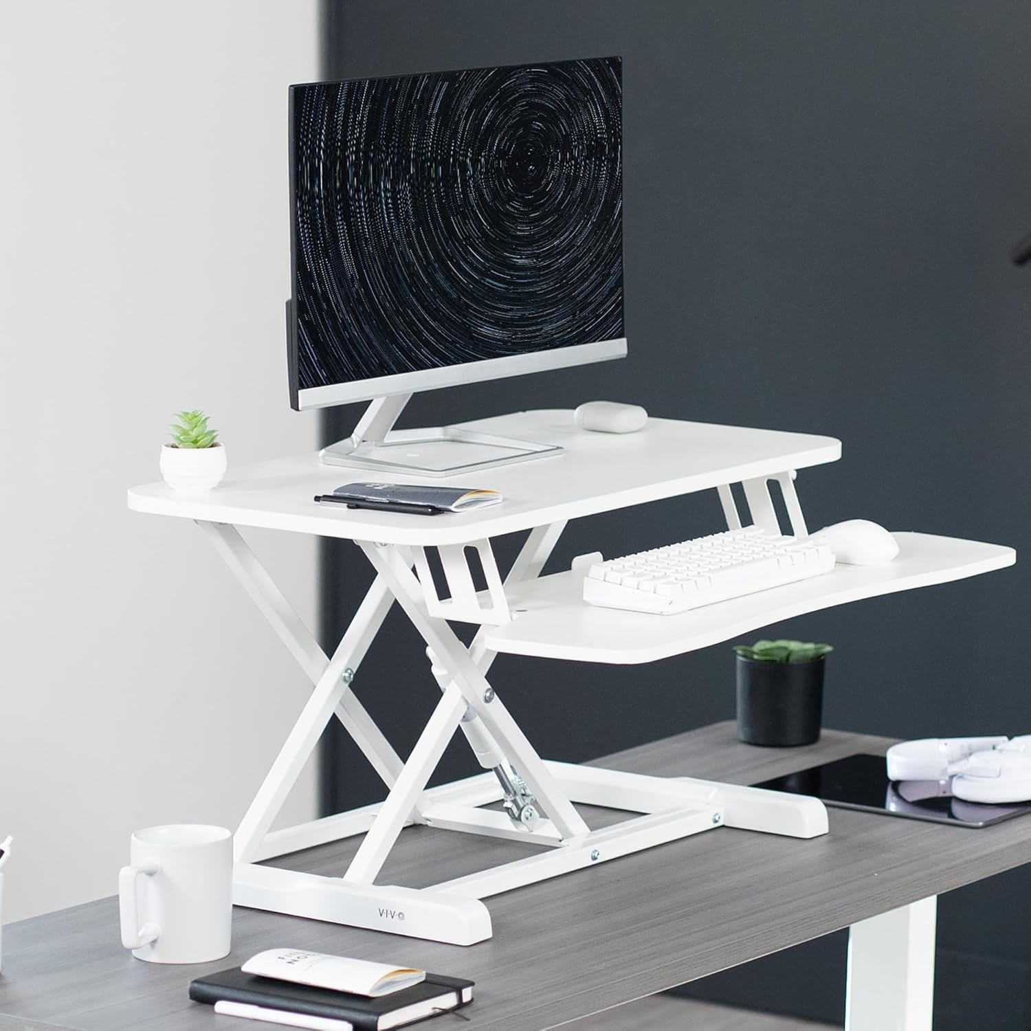 image:imageVIVO 42 inch Desk Converter K Series Height Adjustable Sit to Stand Riser Dual Monitor and Laptop Workstation with Wide Keyboard Tray Black DESKV042KBWhite