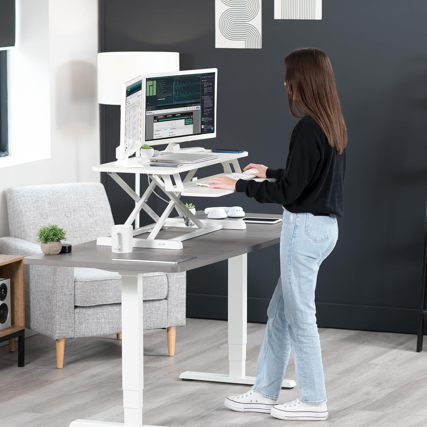 image:imageVIVO 42 inch Desk Converter K Series Height Adjustable Sit to Stand Riser Dual Monitor and Laptop Workstation with Wide Keyboard Tray Black DESKV042KBWhite