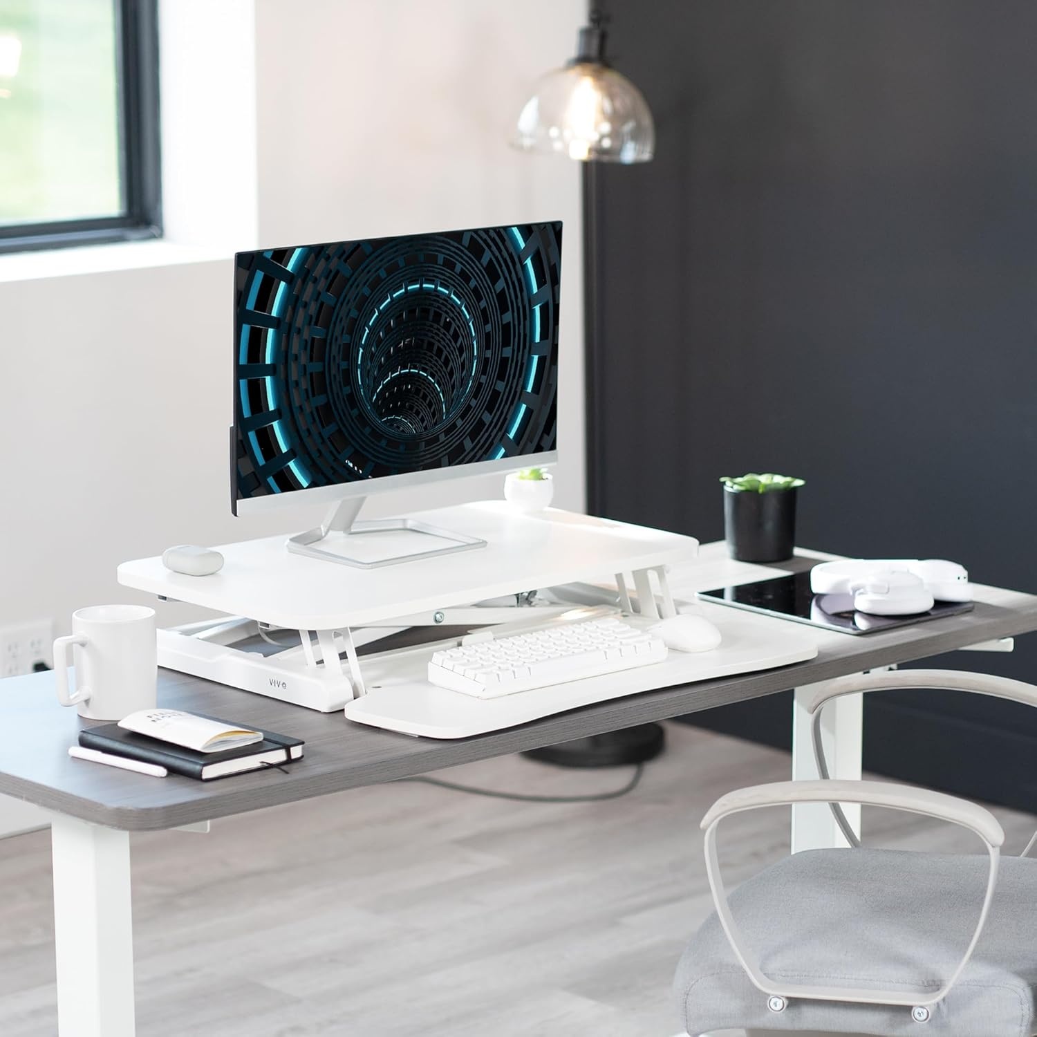image:imageVIVO 42 inch Desk Converter K Series Height Adjustable Sit to Stand Riser Dual Monitor and Laptop Workstation with Wide Keyboard Tray Black DESKV042KBWhite
