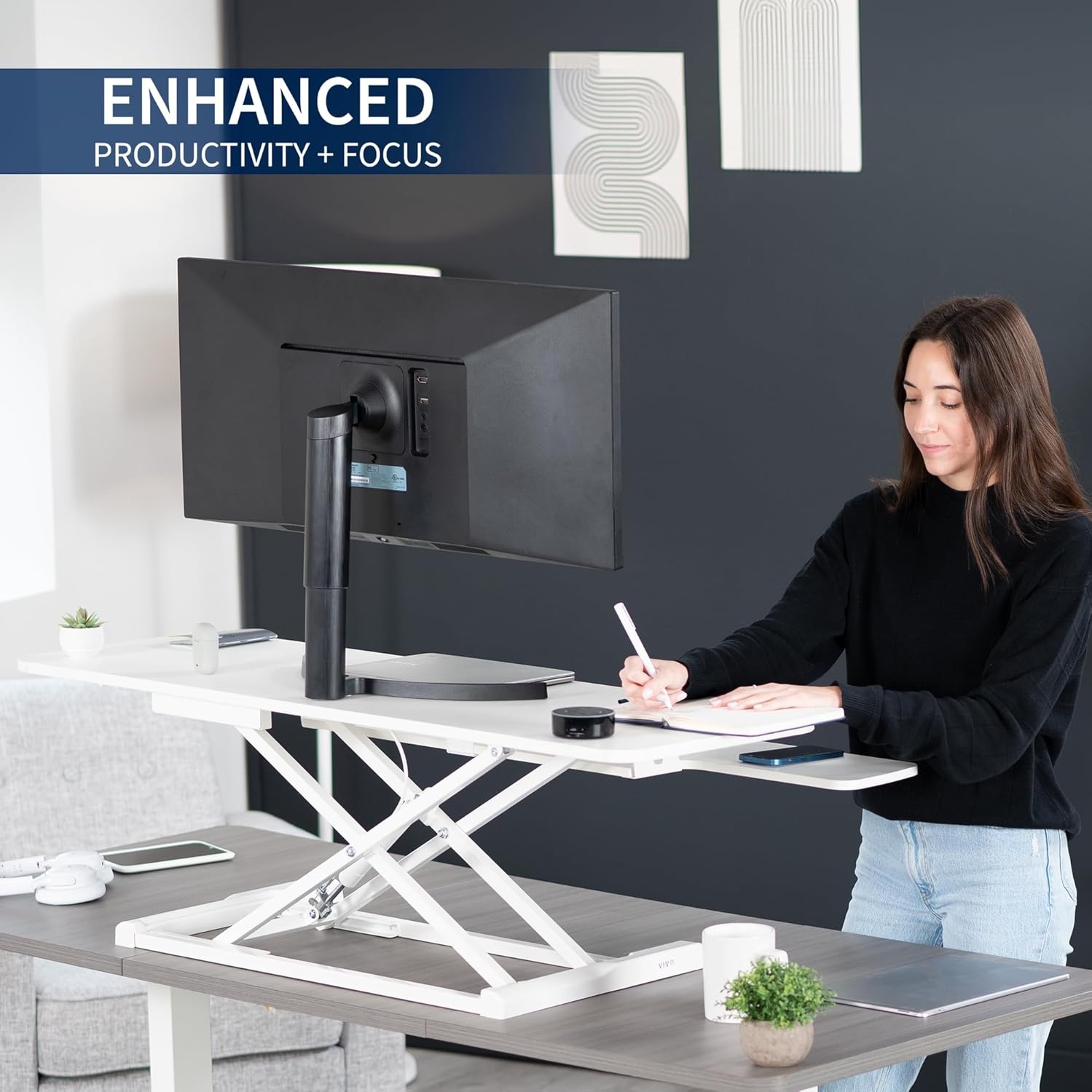 image:imageVIVO 42 inch Desk Converter K Series Height Adjustable Sit to Stand Riser Dual Monitor and Laptop Workstation with Wide Keyboard Tray Black DESKV042KBWhite