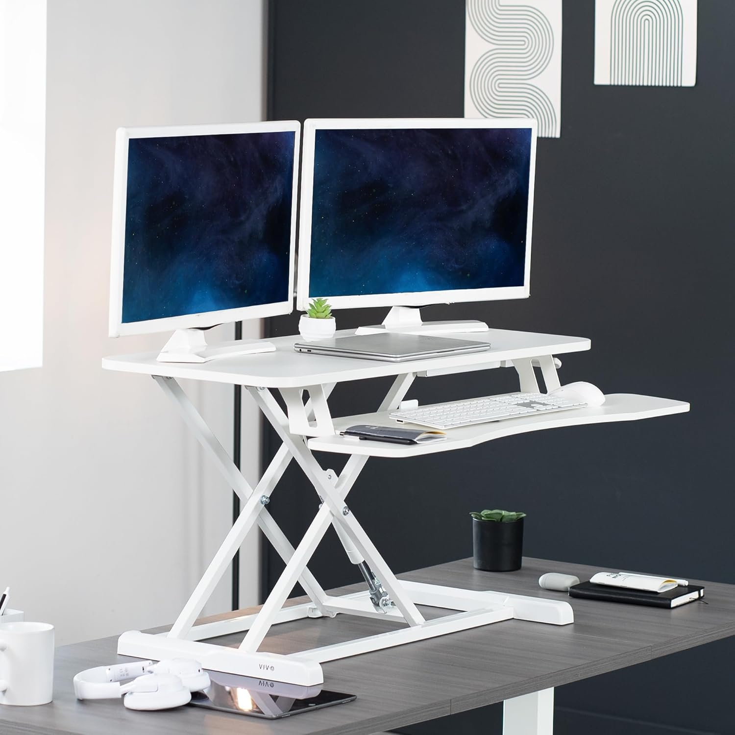 image:imageVIVO 42 inch Desk Converter K Series Height Adjustable Sit to Stand Riser Dual Monitor and Laptop Workstation with Wide Keyboard Tray Black DESKV042KBWhite