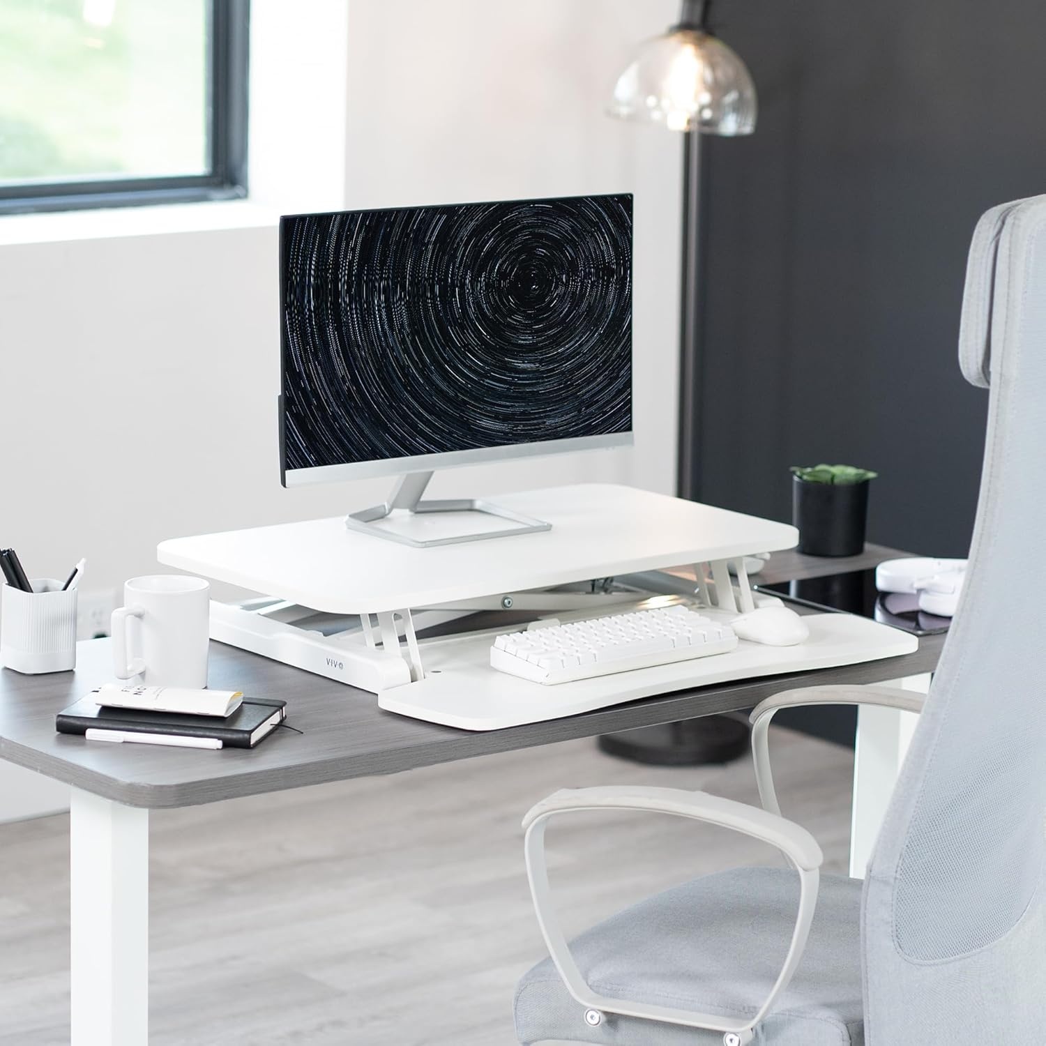 image:imageVIVO 42 inch Desk Converter K Series Height Adjustable Sit to Stand Riser Dual Monitor and Laptop Workstation with Wide Keyboard Tray Black DESKV042KBWhite