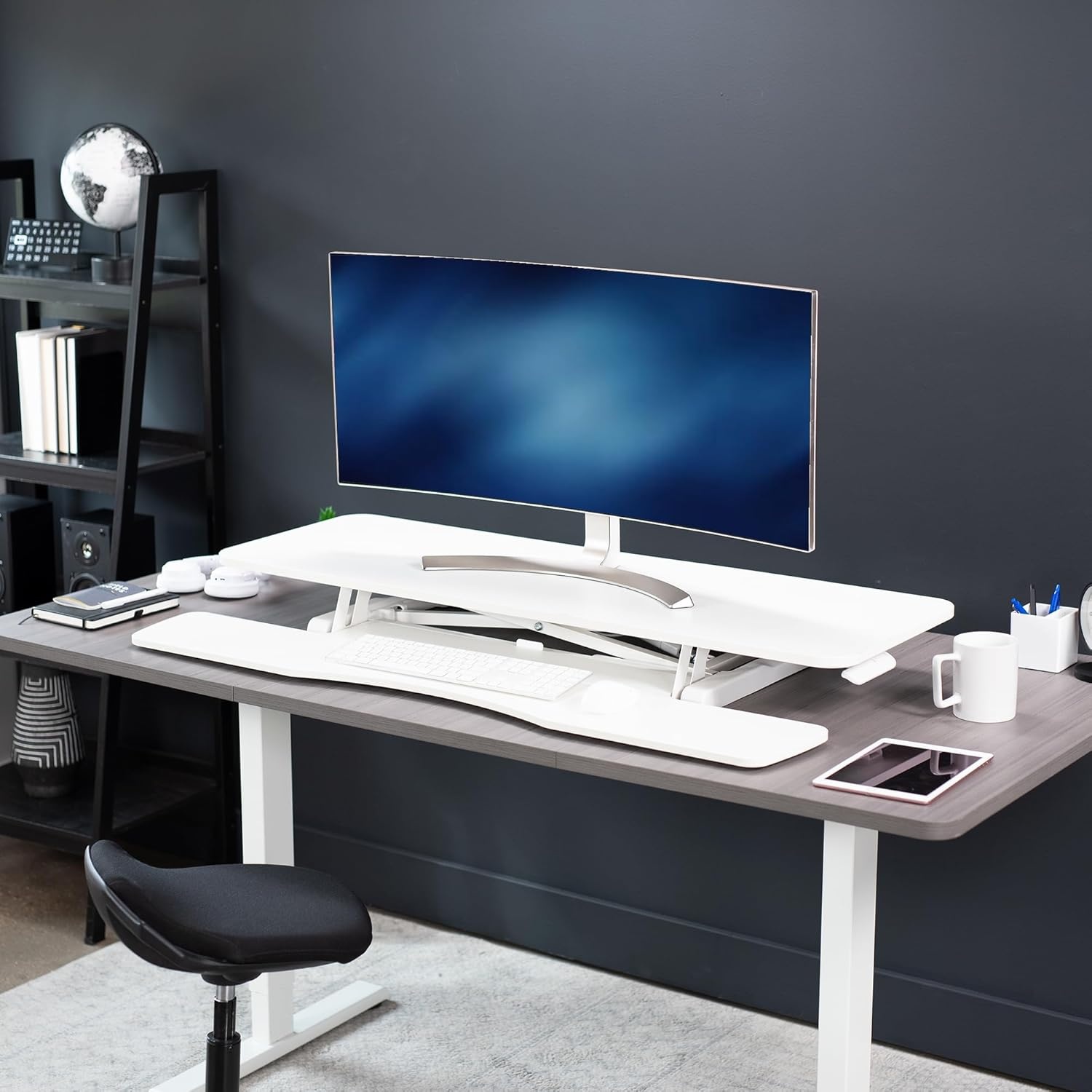 image:imageVIVO 42 inch Desk Converter K Series Height Adjustable Sit to Stand Riser Dual Monitor and Laptop Workstation with Wide Keyboard Tray Black DESKV042KBWhite