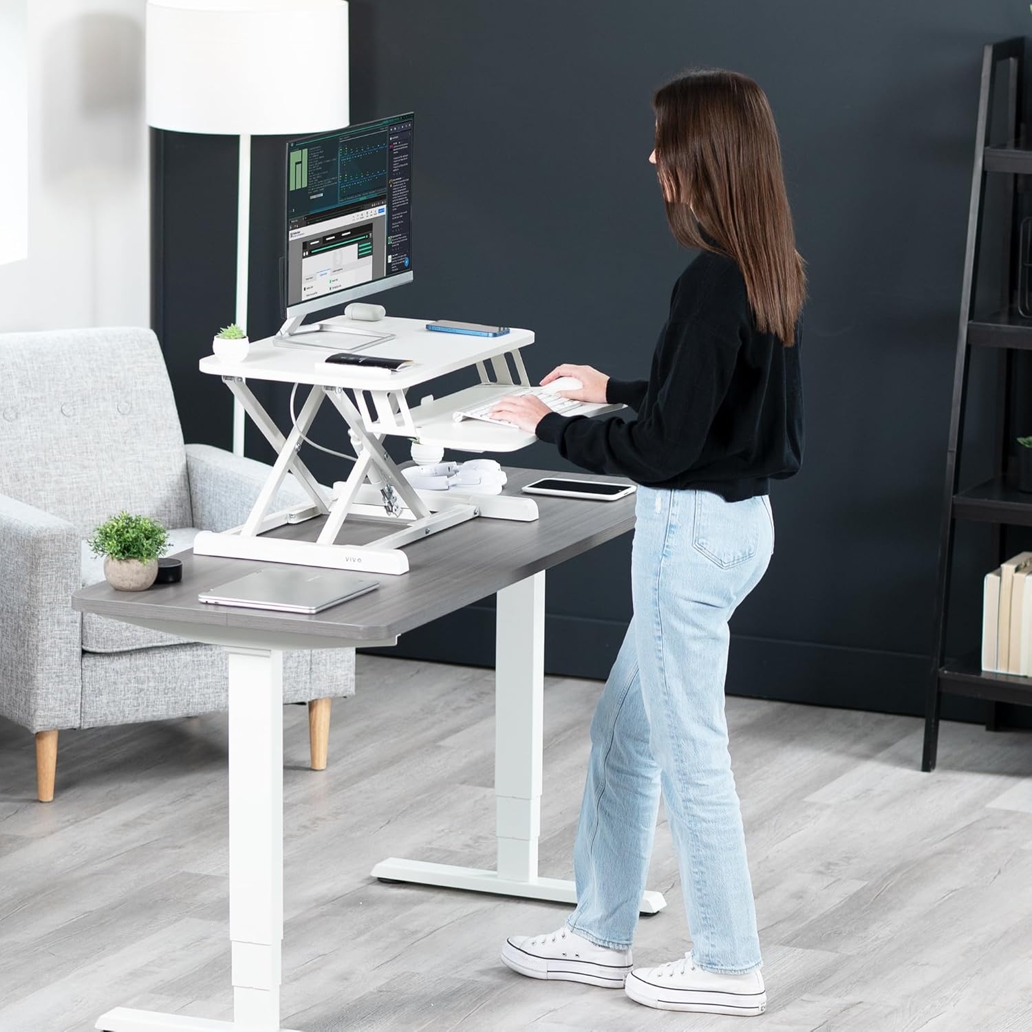 image:imageVIVO 42 inch Desk Converter K Series Height Adjustable Sit to Stand Riser Dual Monitor and Laptop Workstation with Wide Keyboard Tray Black DESKV042KBWhite