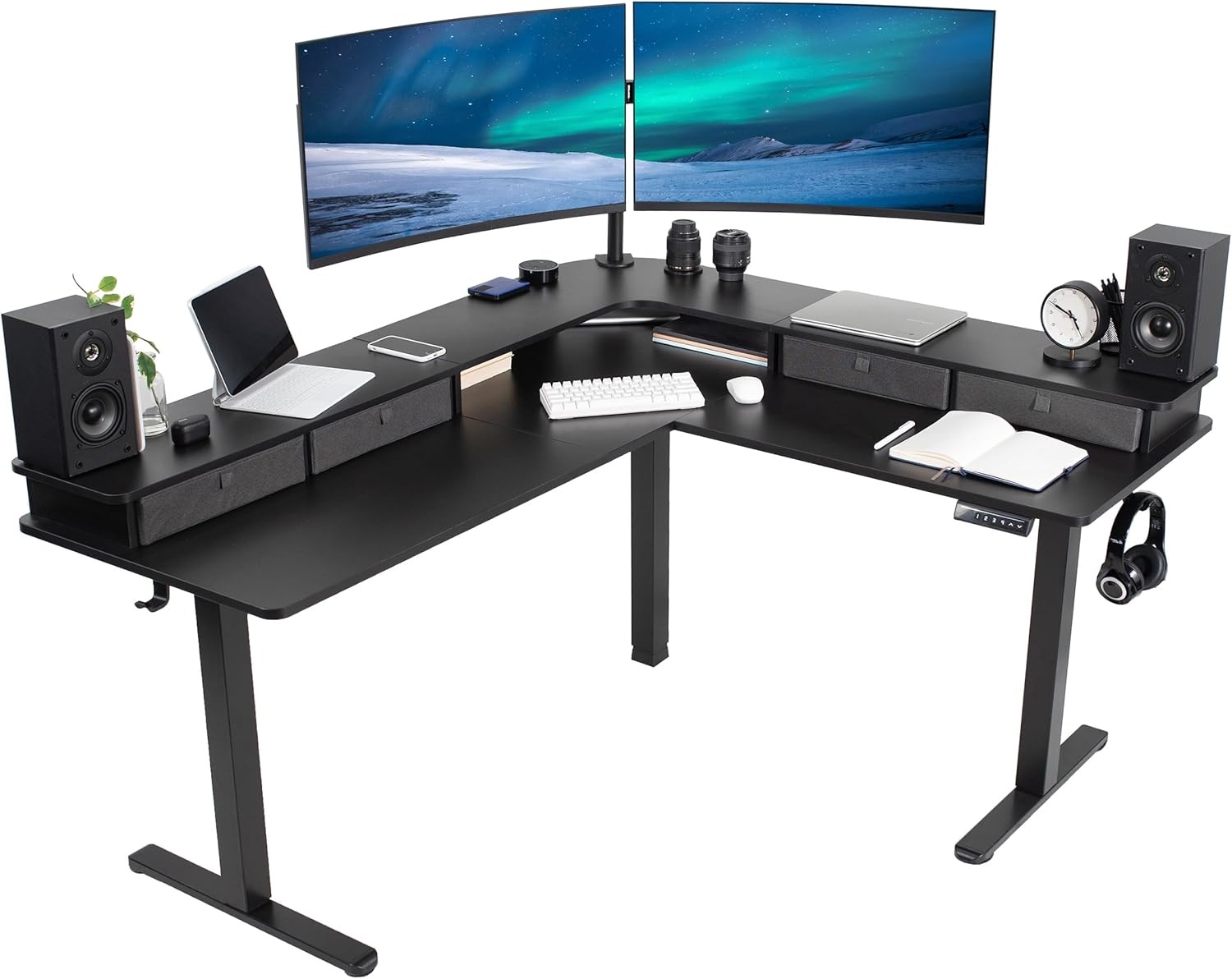image:imageVIVO Corner Standing Desk 63 x 47 inch Reversible LShaped Workstation Electric Height Adjustment Home Office and Reception Rooms Black Table Top Black Frame DESKE3CTB47Black Top Black Frame