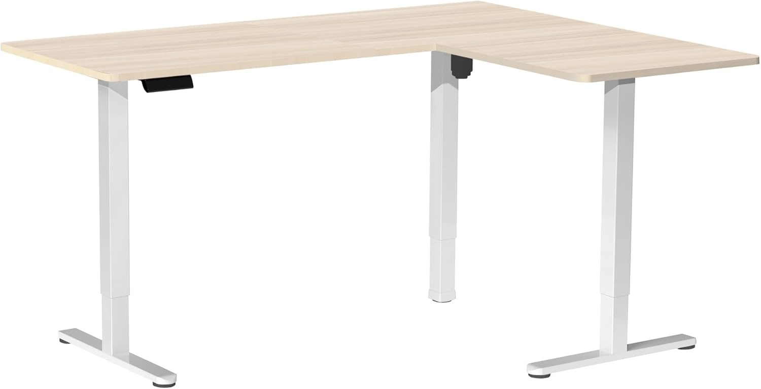image:imageVIVO Corner Standing Desk 63 x 47 inch Reversible LShaped Workstation Electric Height Adjustment Home Office and Reception Rooms Black Table Top Black Frame DESKE3CTB47Light Wood Top White Frame