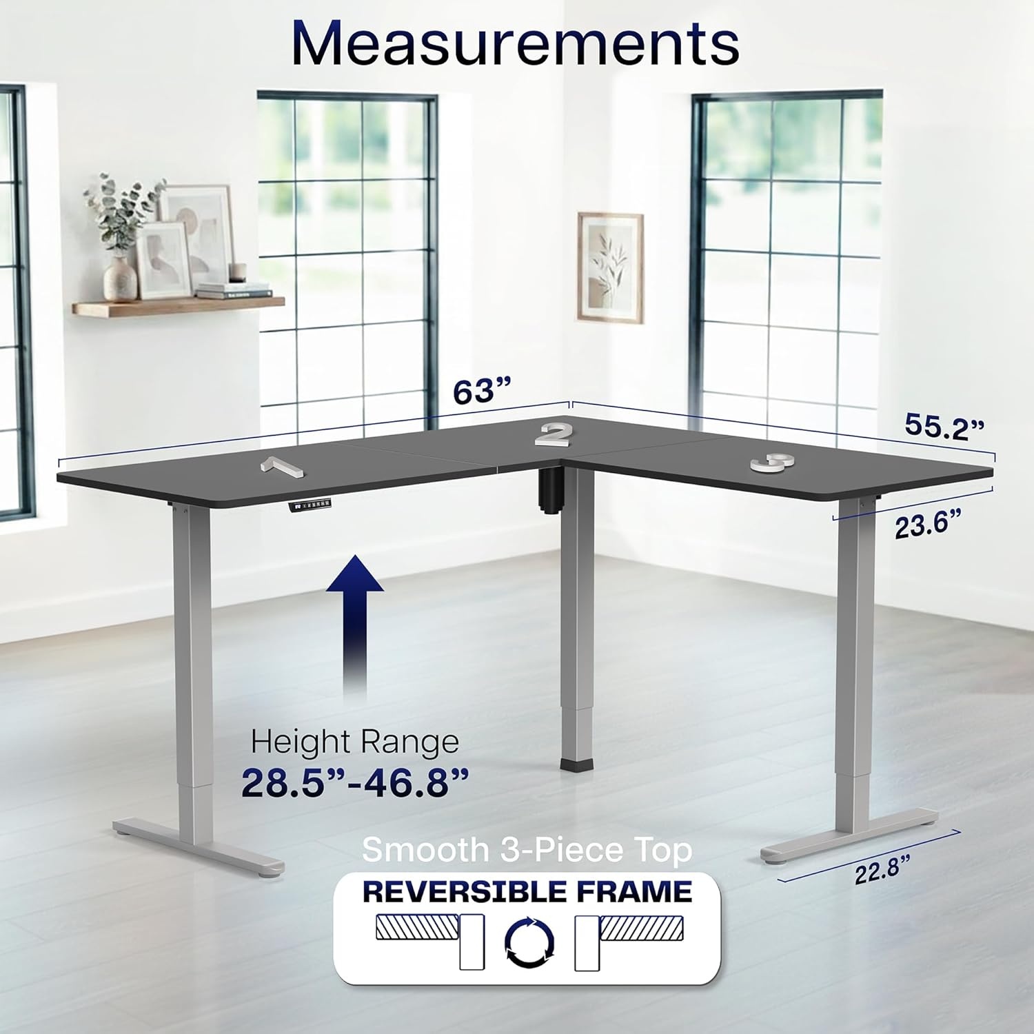 image:imageVIVO Corner Standing Desk 63 x 47 inch Reversible LShaped Workstation Electric Height Adjustment Home Office and Reception Rooms Black Table Top Black Frame DESKE3CTB47Black Top Gray Frame