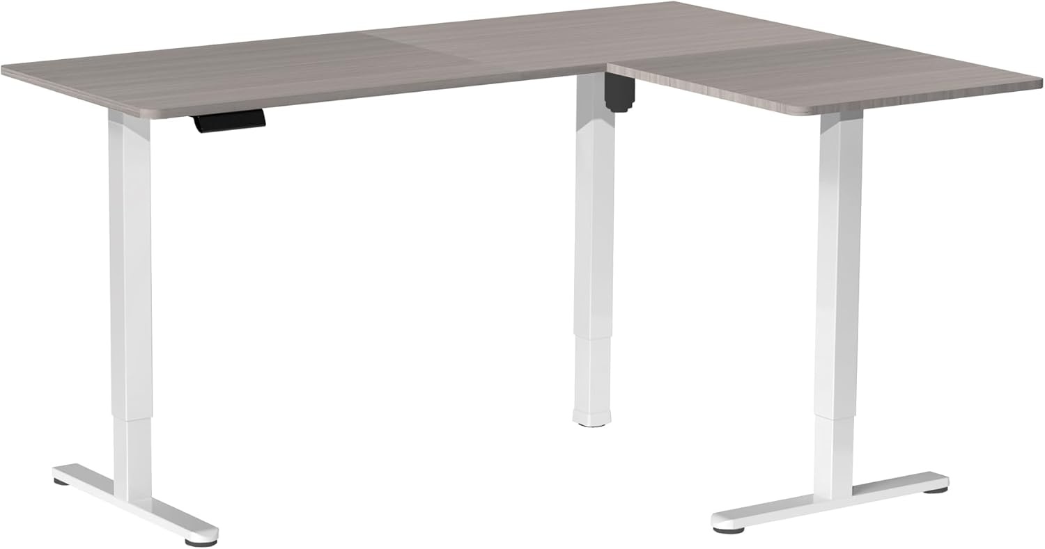 image:imageVIVO Corner Standing Desk 63 x 47 inch Reversible LShaped Workstation Electric Height Adjustment Home Office and Reception Rooms Black Table Top Black Frame DESKE3CTB47Dark Gray Top White Frame