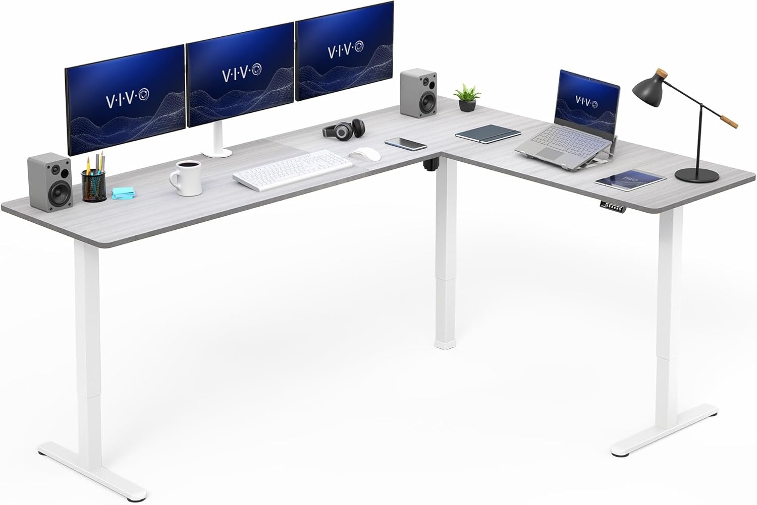 image:imageVIVO Corner Standing Desk 63 x 47 inch Reversible LShaped Workstation Electric Height Adjustment Home Office and Reception Rooms Black Table Top Black Frame DESKE3CTB47Dark Gray Top White Frame