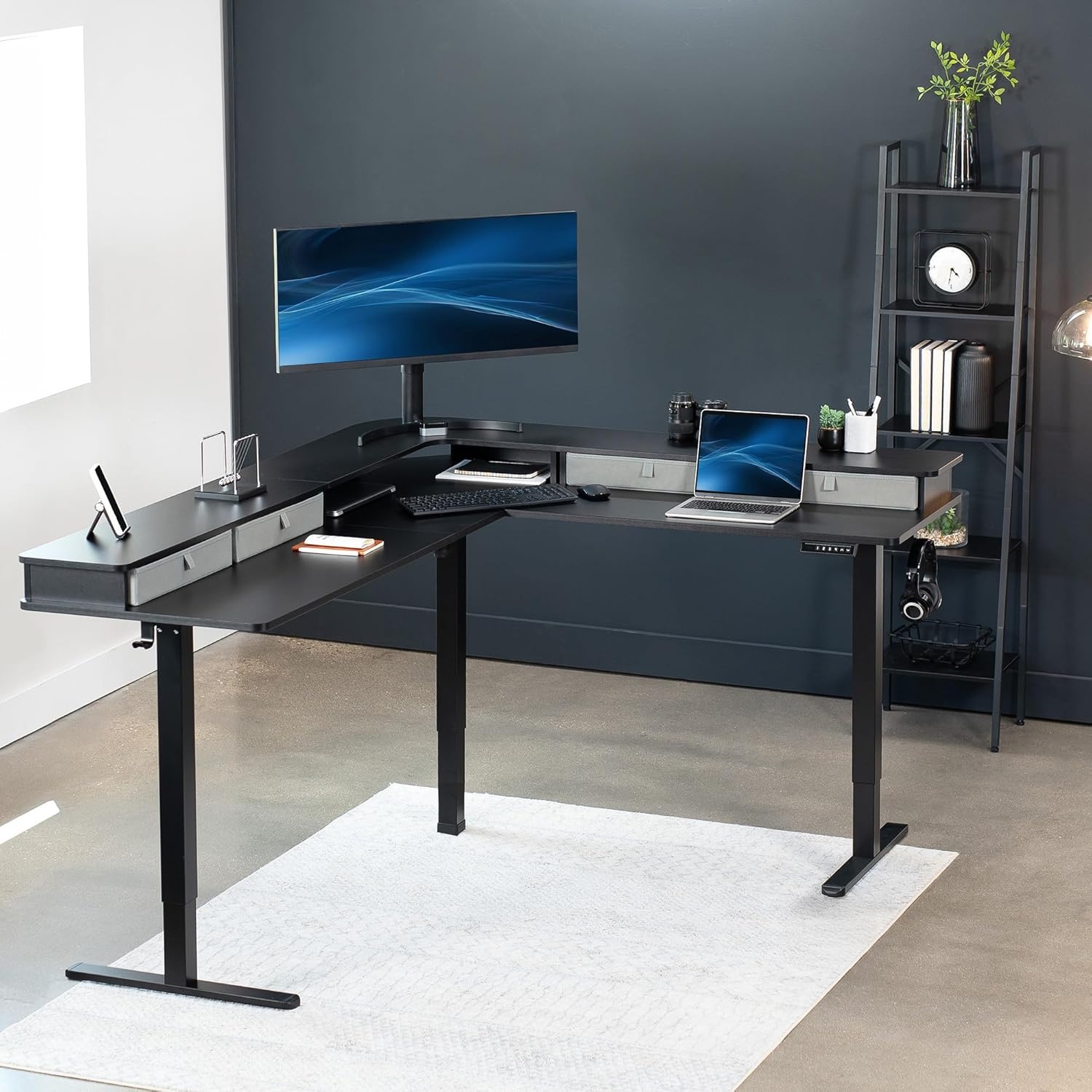 image:imageVIVO Corner Standing Desk 63 x 47 inch Reversible LShaped Workstation Electric Height Adjustment Home Office and Reception Rooms Black Table Top Black Frame DESKE3CTB47Black Top Black Frame
