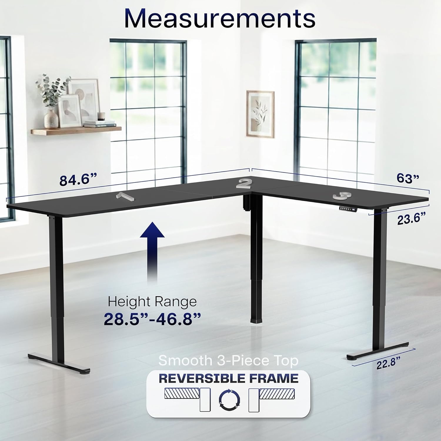 image:imageVIVO Corner Standing Desk 63 x 47 inch Reversible LShaped Workstation Electric Height Adjustment Home Office and Reception Rooms Black Table Top Black Frame DESKE3CTB47Black Top Black Frame