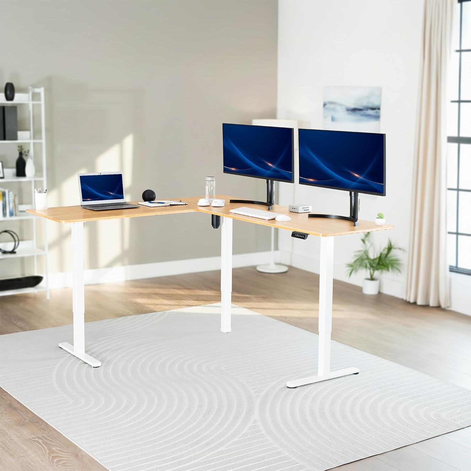image:imageVIVO Corner Standing Desk 63 x 47 inch Reversible LShaped Workstation Electric Height Adjustment Home Office and Reception Rooms Black Table Top Black Frame DESKE3CTB47Bamboo Top White Frame
