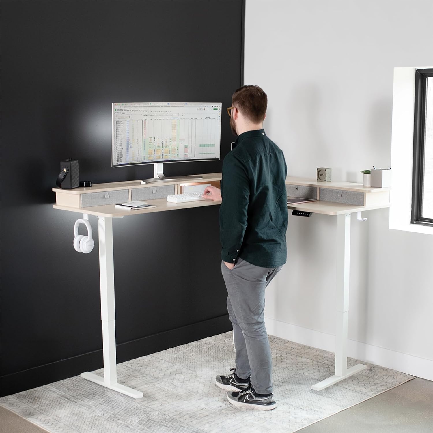 image:imageVIVO Corner Standing Desk 63 x 47 inch Reversible LShaped Workstation Electric Height Adjustment Home Office and Reception Rooms Black Table Top Black Frame DESKE3CTB47Light Wood Top White Frame
