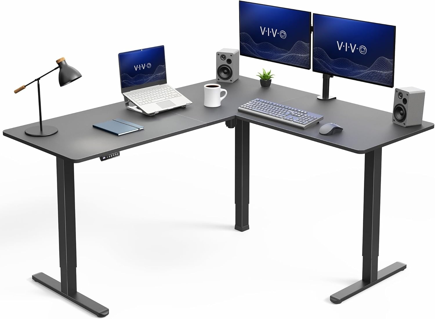 image:imageVIVO Corner Standing Desk 63 x 47 inch Reversible LShaped Workstation Electric Height Adjustment Home Office and Reception Rooms Black Table Top Black Frame DESKE3CTB47Black Top Black Frame