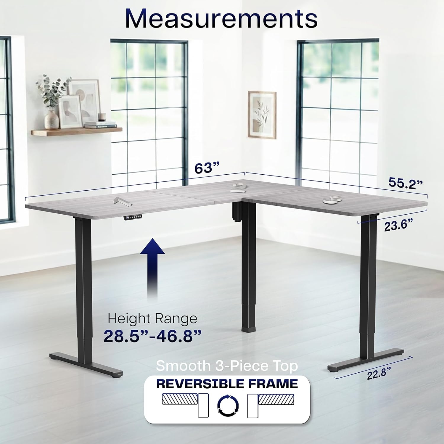 image:imageVIVO Corner Standing Desk 63 x 47 inch Reversible LShaped Workstation Electric Height Adjustment Home Office and Reception Rooms Black Table Top Black Frame DESKE3CTB47Dark Gray Top Black Frame