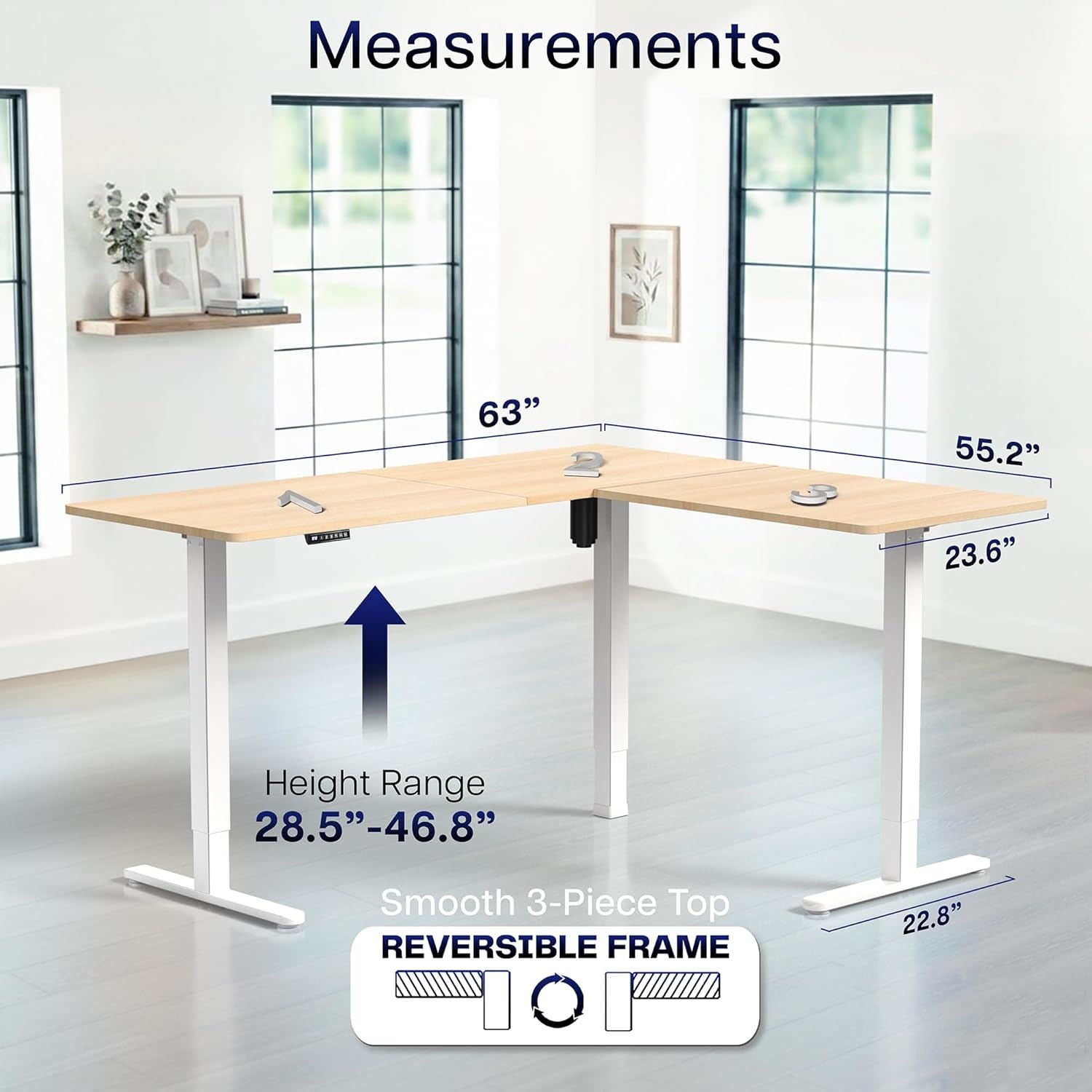 image:imageVIVO Corner Standing Desk 63 x 47 inch Reversible LShaped Workstation Electric Height Adjustment Home Office and Reception Rooms Black Table Top Black Frame DESKE3CTB47Light Wood Top White Frame